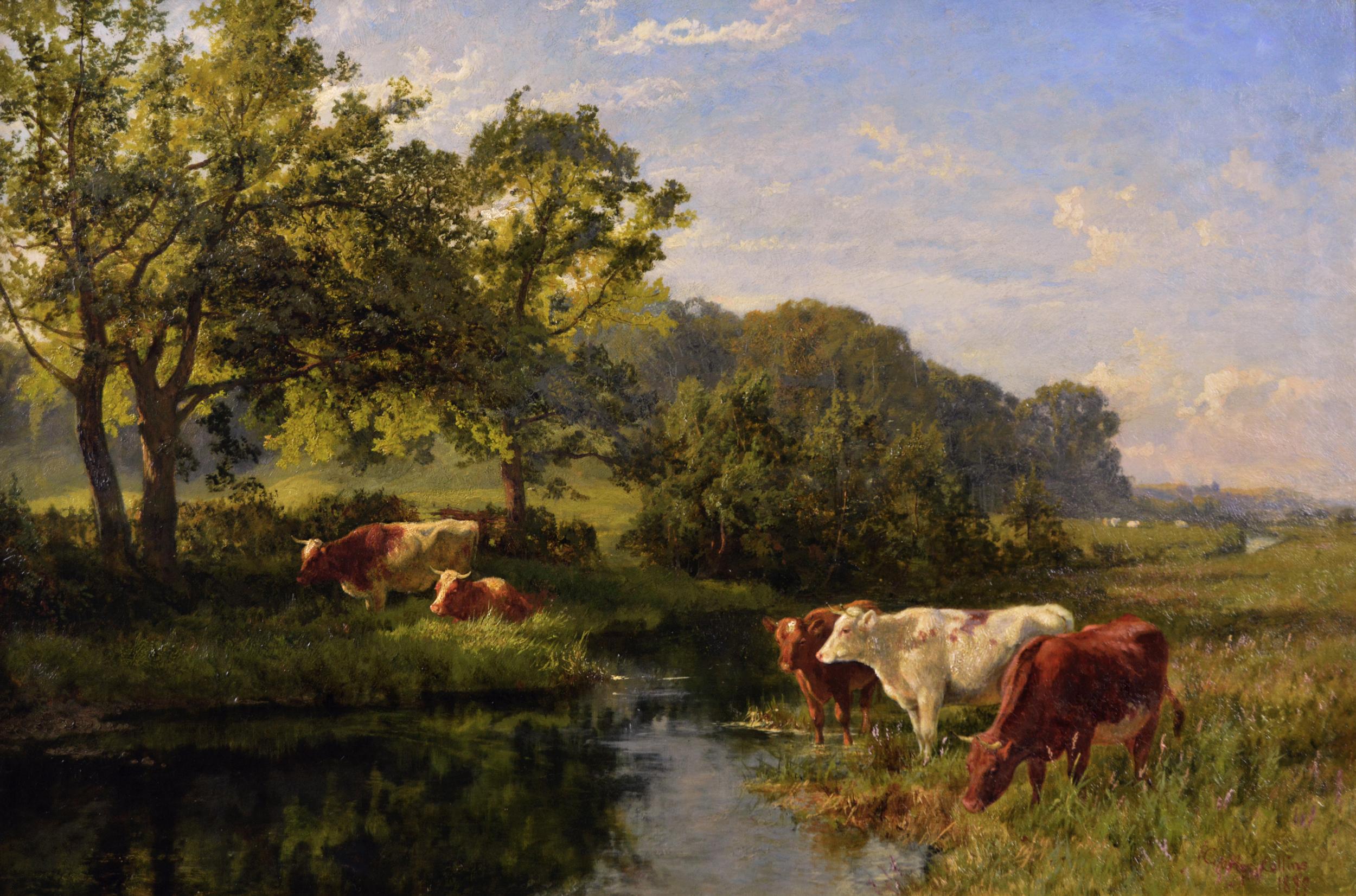 19th Century landscape oil painting of cattle by a river - Painting by Charles Collins