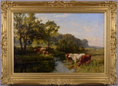 19th Century landscape oil painting of cattle by a river