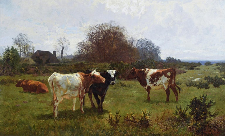 19th Century landscape oil painting of cattle grazing  - Painting by Charles Collins