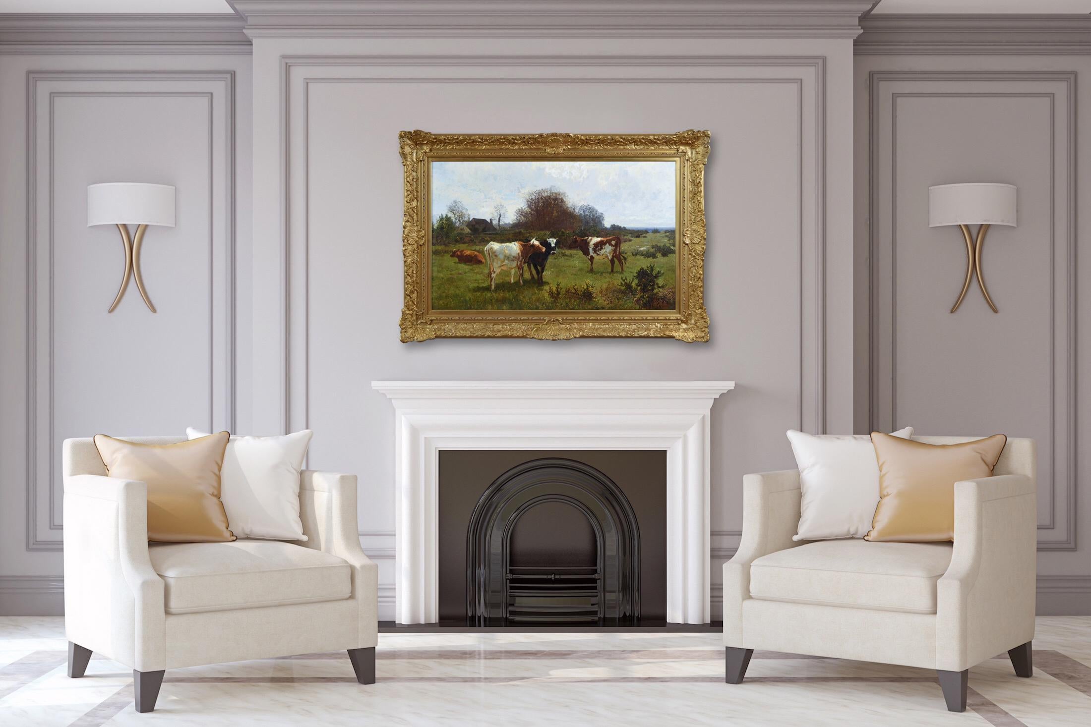 19th Century landscape oil painting of cattle grazing  1