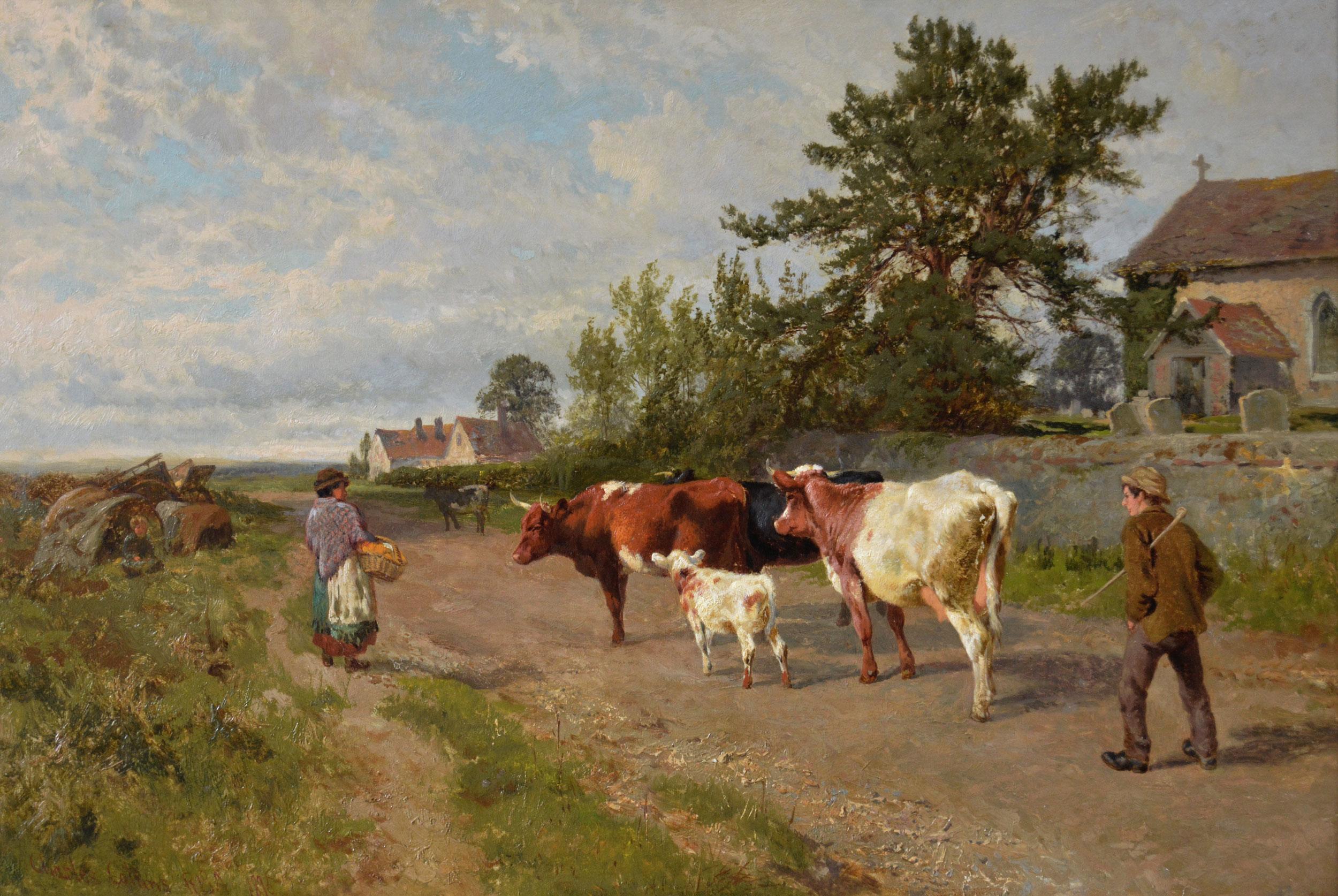 19th Century landscape oil painting of cattle in a lane - Painting by Charles Collins