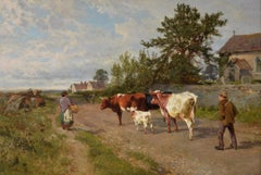 19th Century landscape oil painting of cattle in a lane