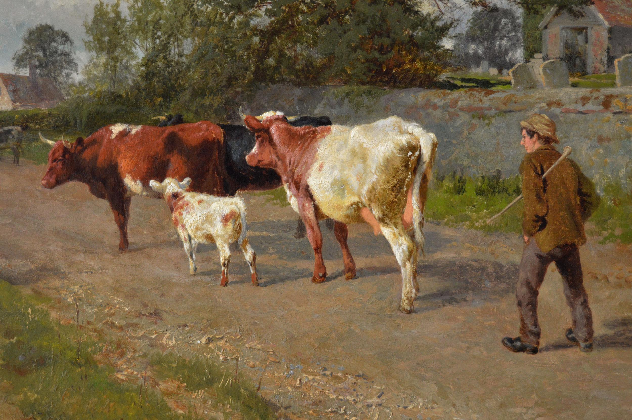 19th Century landscape oil painting of cattle in a lane - Victorian Painting by Charles Collins