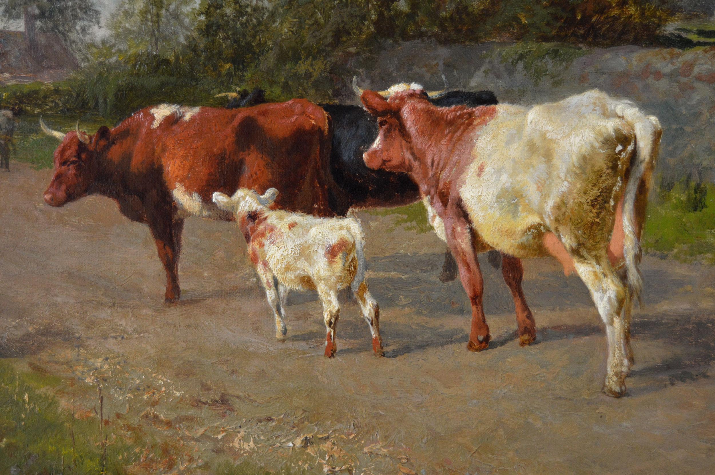 19th Century landscape oil painting of cattle in a lane - Brown Figurative Painting by Charles Collins