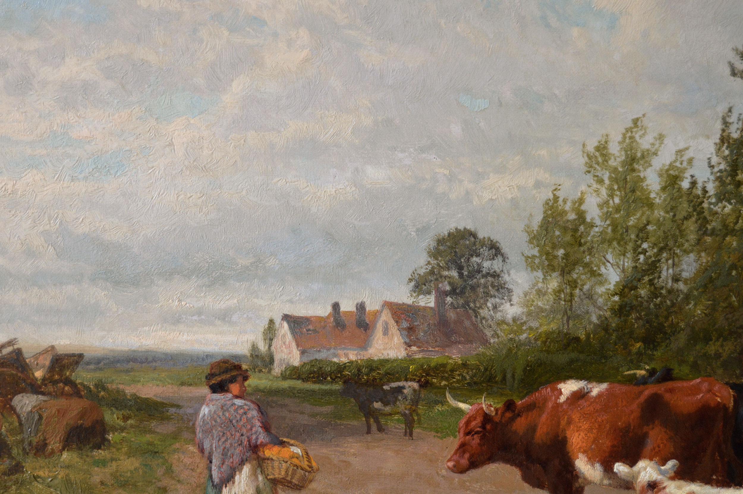 19th Century landscape oil painting of cattle in a lane For Sale 1