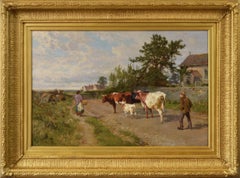 19th Century landscape oil painting of cattle in a lane