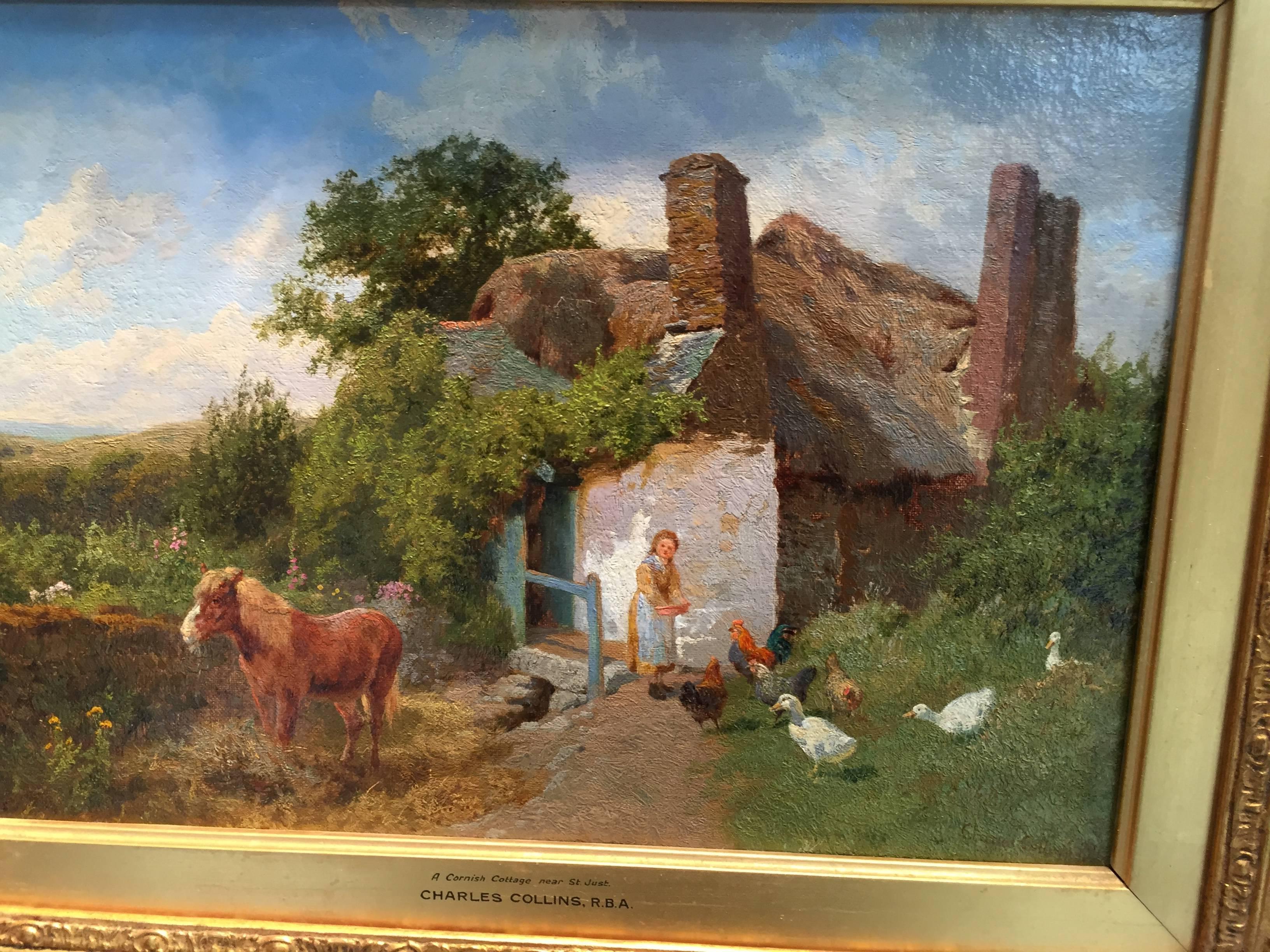 Une scène de cottage anglaise avec poney, canards et chiens  Les poulets se nourrissent, en Cornouailles. - Painting de Charles Collins