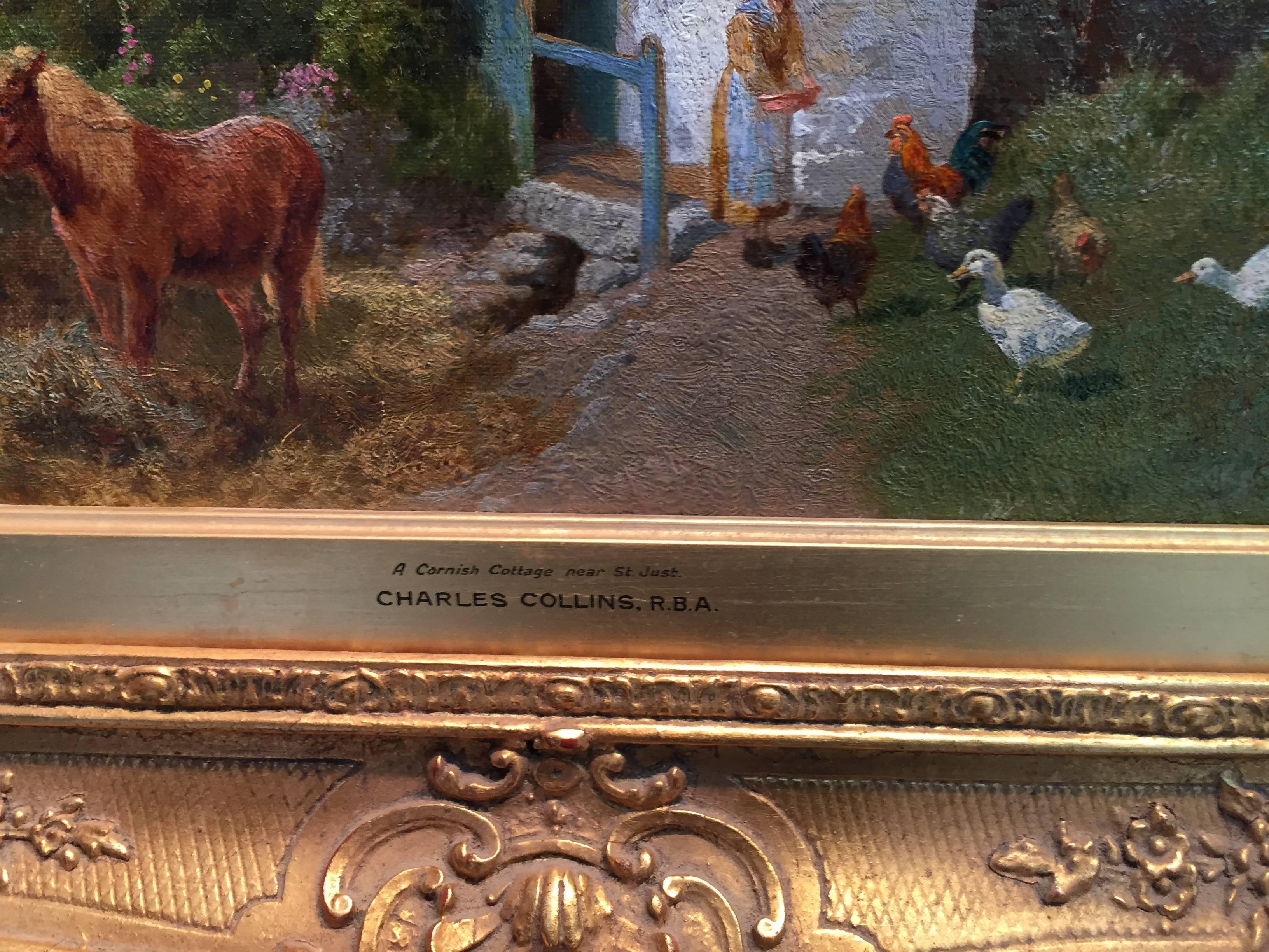 Une scène de cottage anglaise avec poney, canards et chiens  Les poulets se nourrissent, en Cornouailles. - Victorien Painting par Charles Collins