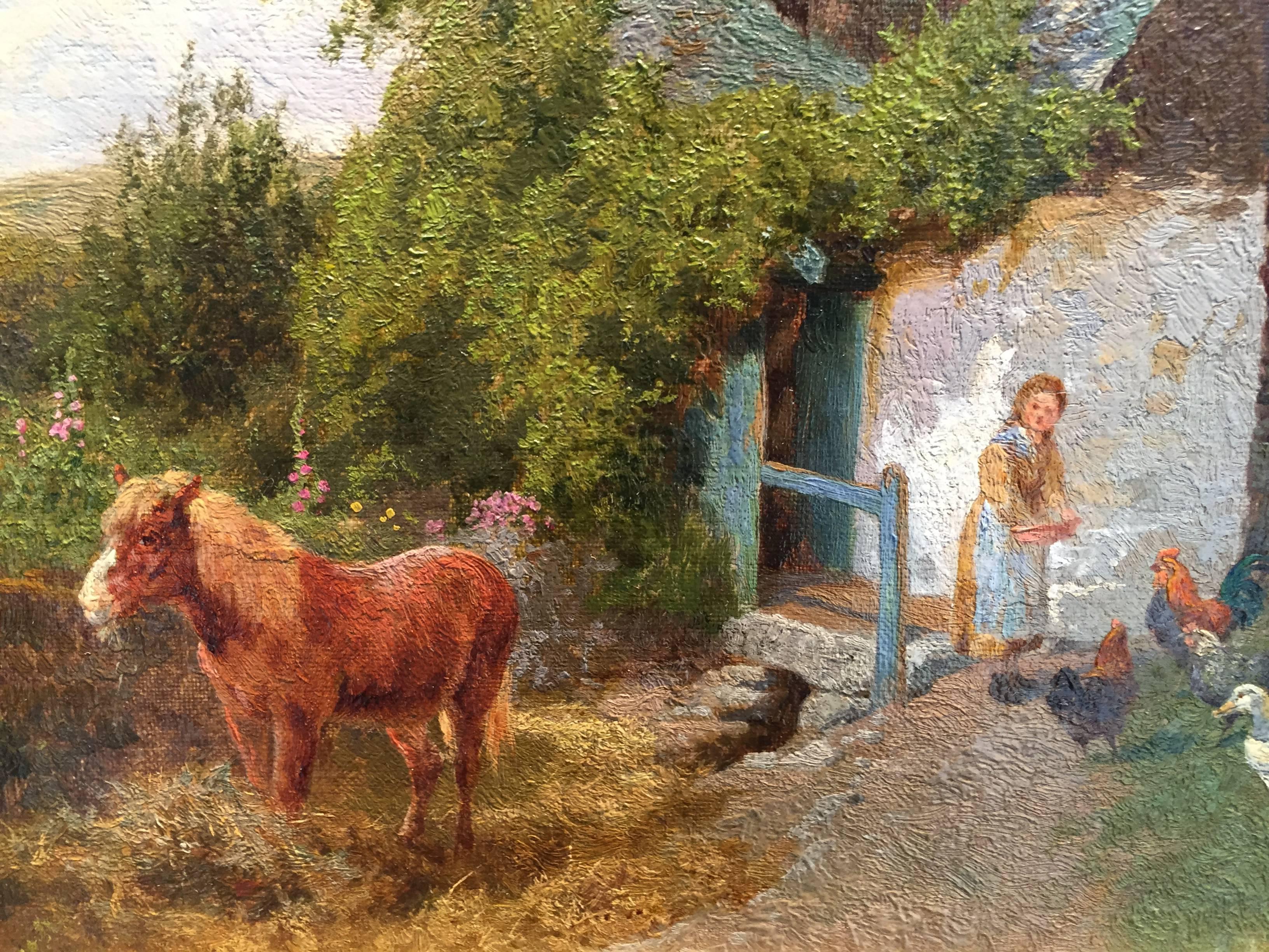 An English Cottage scene with pony, ducks and  chickens being fed, in Cornwall. - Victorian Painting by Charles Collins