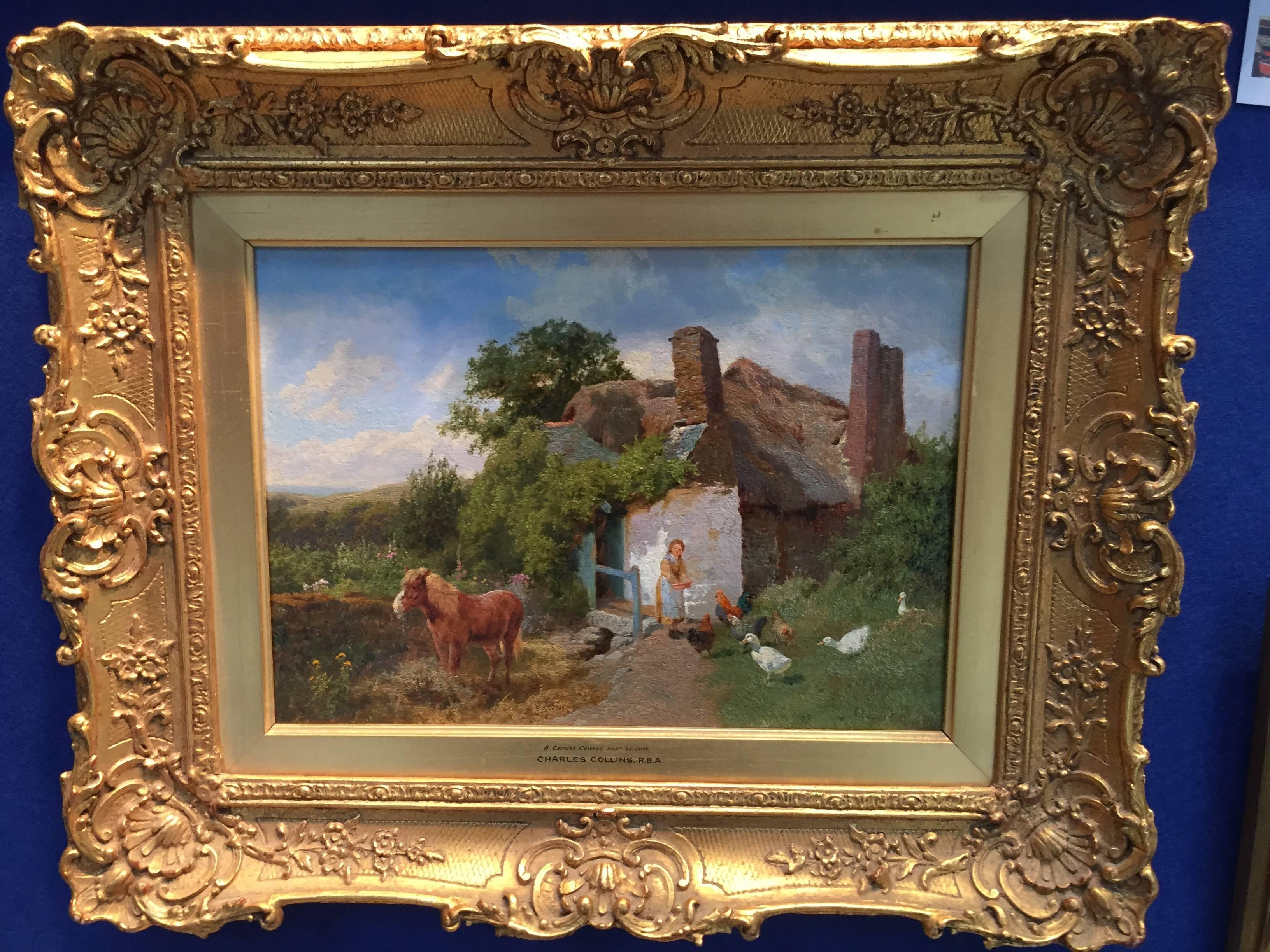 Figurative Painting Charles Collins - Une scène de cottage anglaise avec poney, canards et chiens  Les poulets se nourrissent, en Cornouailles.
