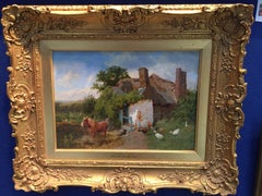 An English Cottage scene with pony, ducks and  chickens being fed, in Cornwall.