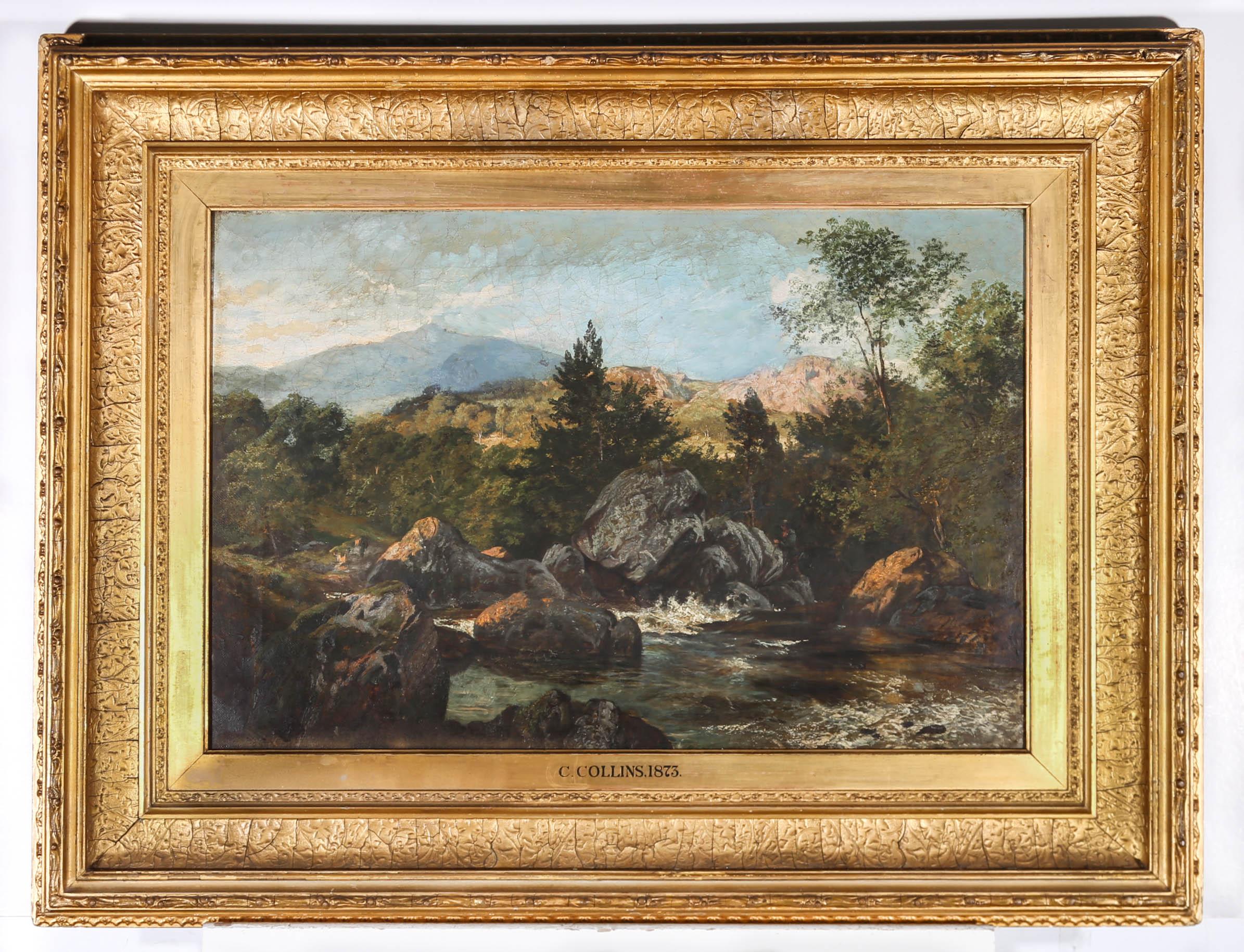 A fine 19th Century oil depiction of a rocky stretch of the Lledr river in Wales. A figure can be seen fishing at the right bank with late afternoon sunlight illuminating the rocks. The artist has signed, dated and inscribed to the reverse and the