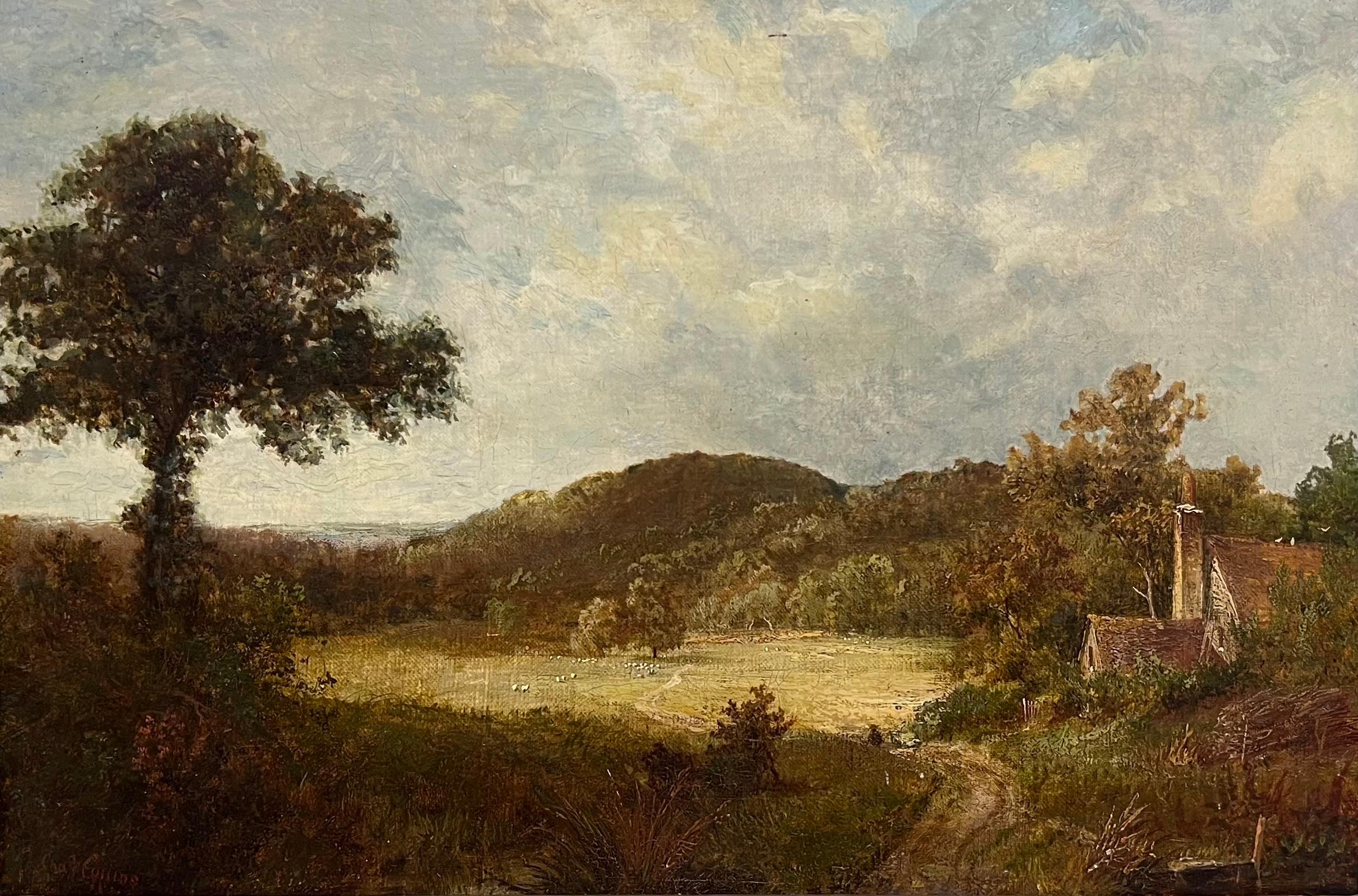Pintura al óleo inglesa victoriana firmada Paisaje rural de la década de 1870 Enmarcado dorado - Painting de Charles Collins