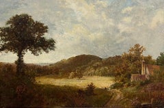 Peinture à l'huile anglaise victorienne signée des années 1870 Paysage rural encadrée et dorée