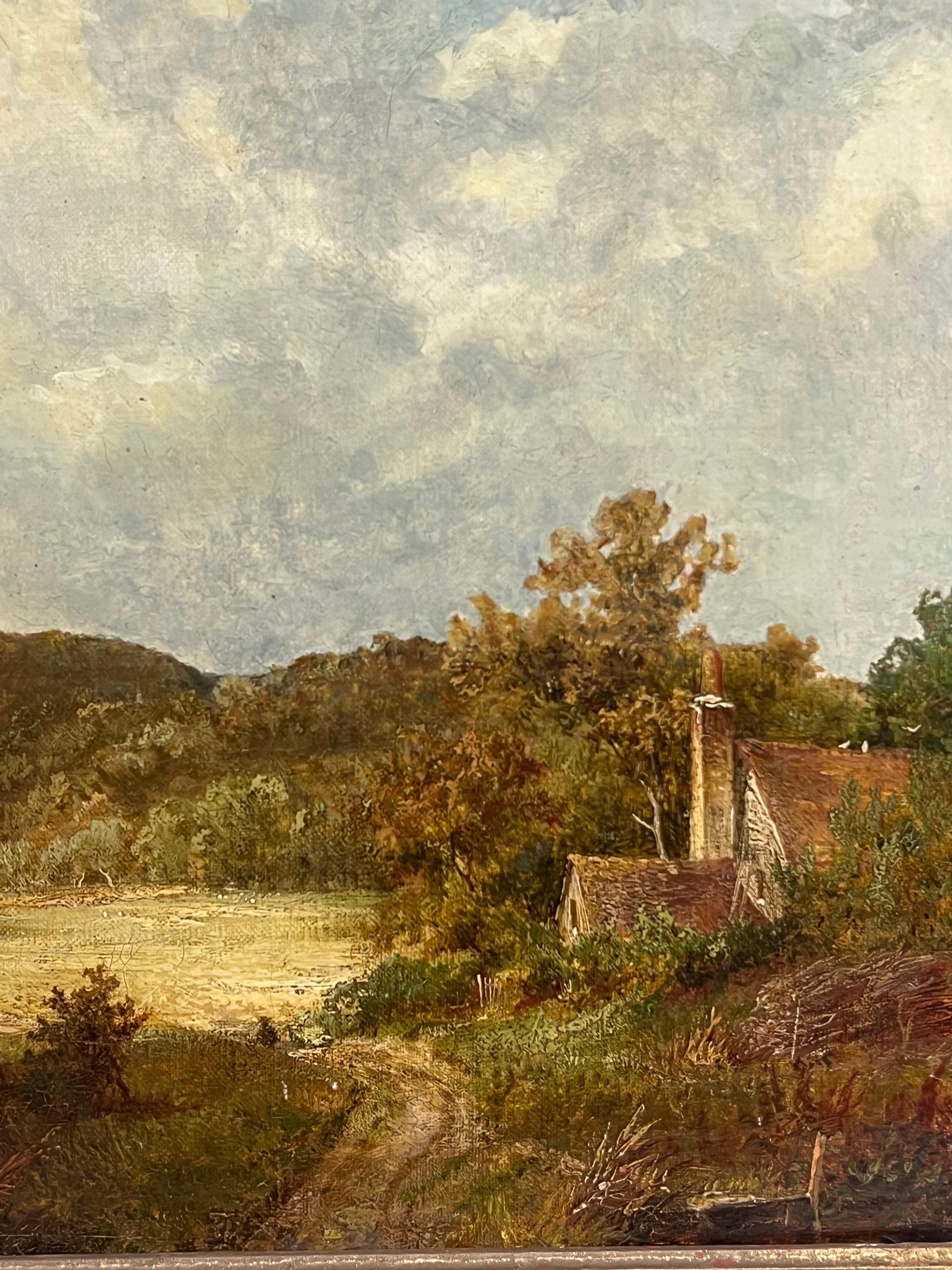 Pintura al óleo inglesa victoriana firmada Paisaje rural de la década de 1870 Enmarcado dorado - Figurative Painting Marrón de Charles Collins