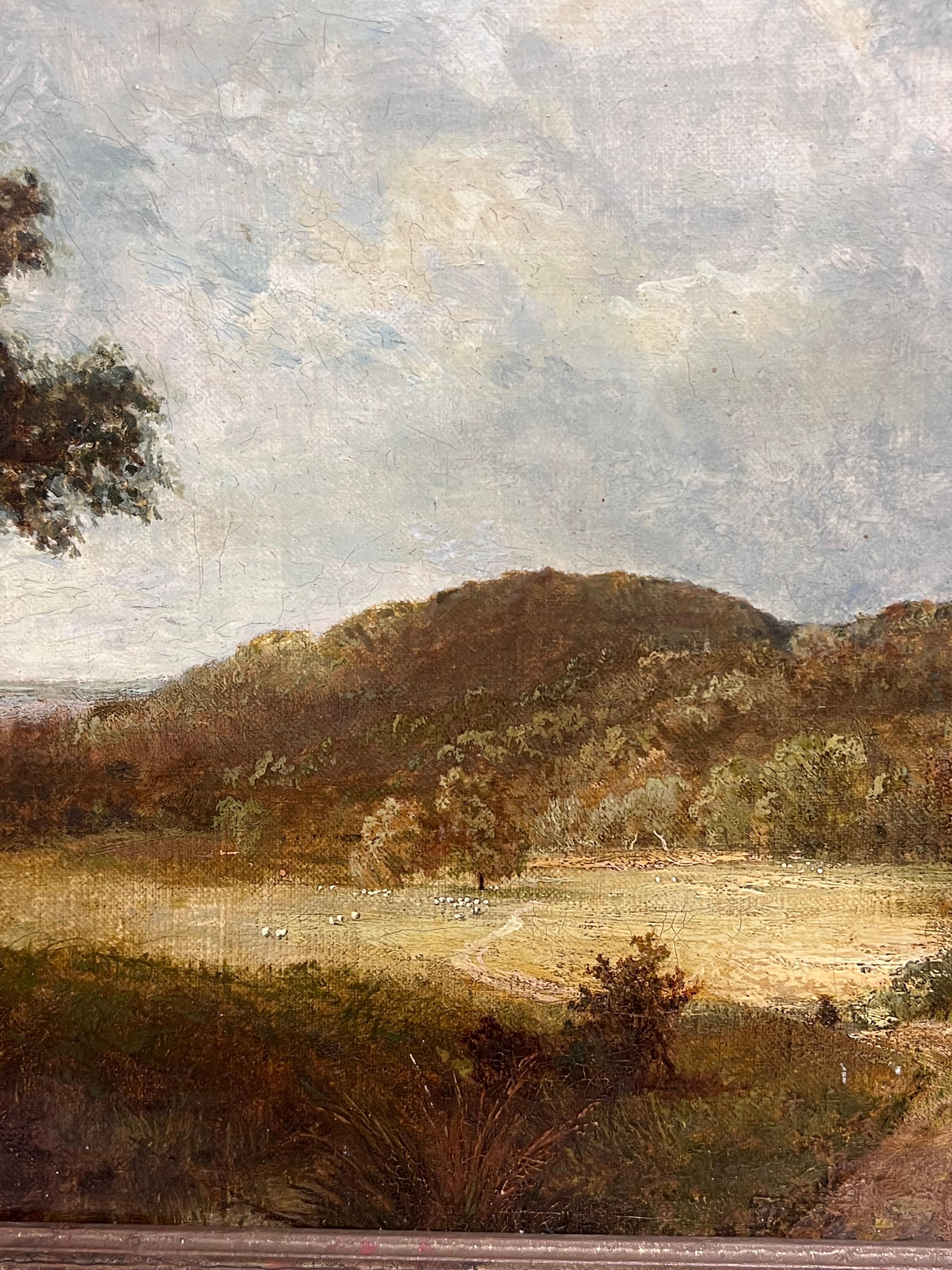 Pintura al óleo inglesa victoriana firmada Paisaje rural de la década de 1870 Enmarcado dorado en venta 1