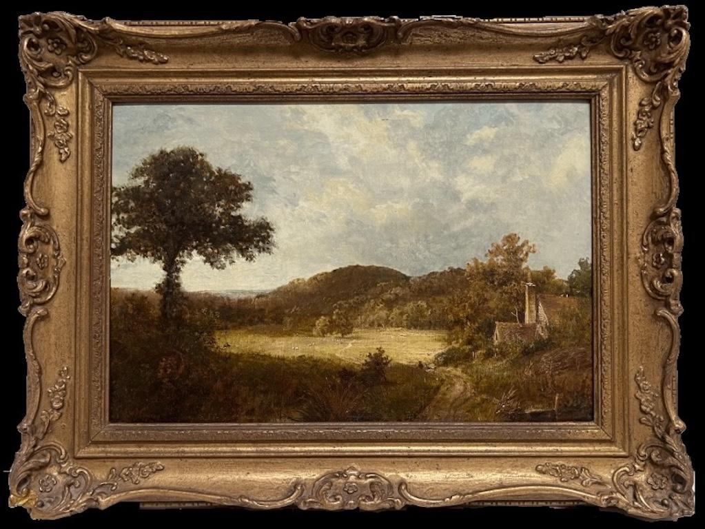 Pittura ad olio inglese vittoriana firmata del 1870 Paesaggio rurale di campagna con cornice dorata