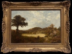 Peinture à l'huile anglaise victorienne signée des années 1870 Paysage rural encadrée et dorée