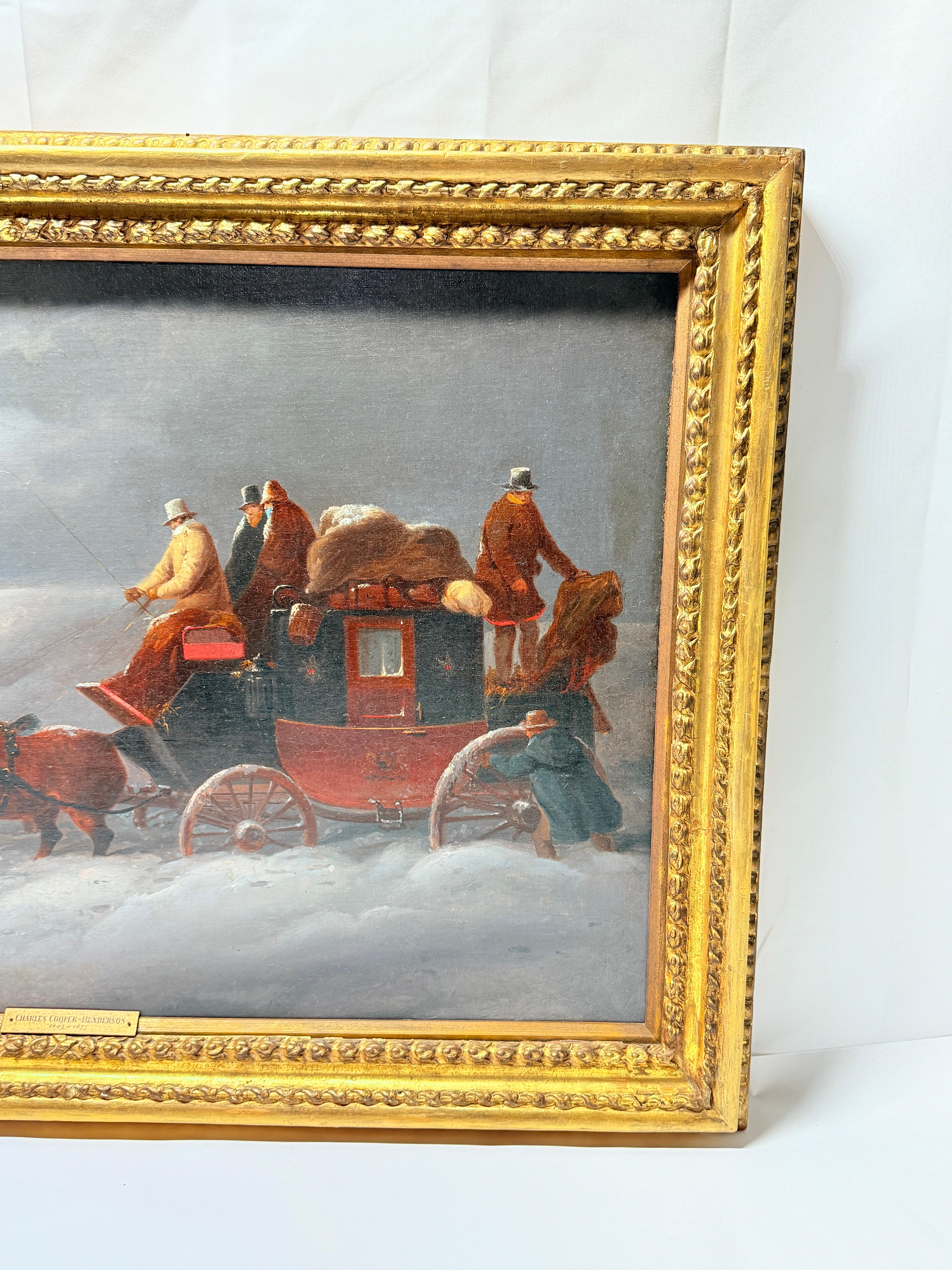 This evocative oil on canvas by Charles Cooper Henderson, celebrated for his masterful equestrian and coaching scenes, portrays a stagecoach traversing a snow-covered road. Henderson's skillful brushwork captures the dynamic energy of the horses as