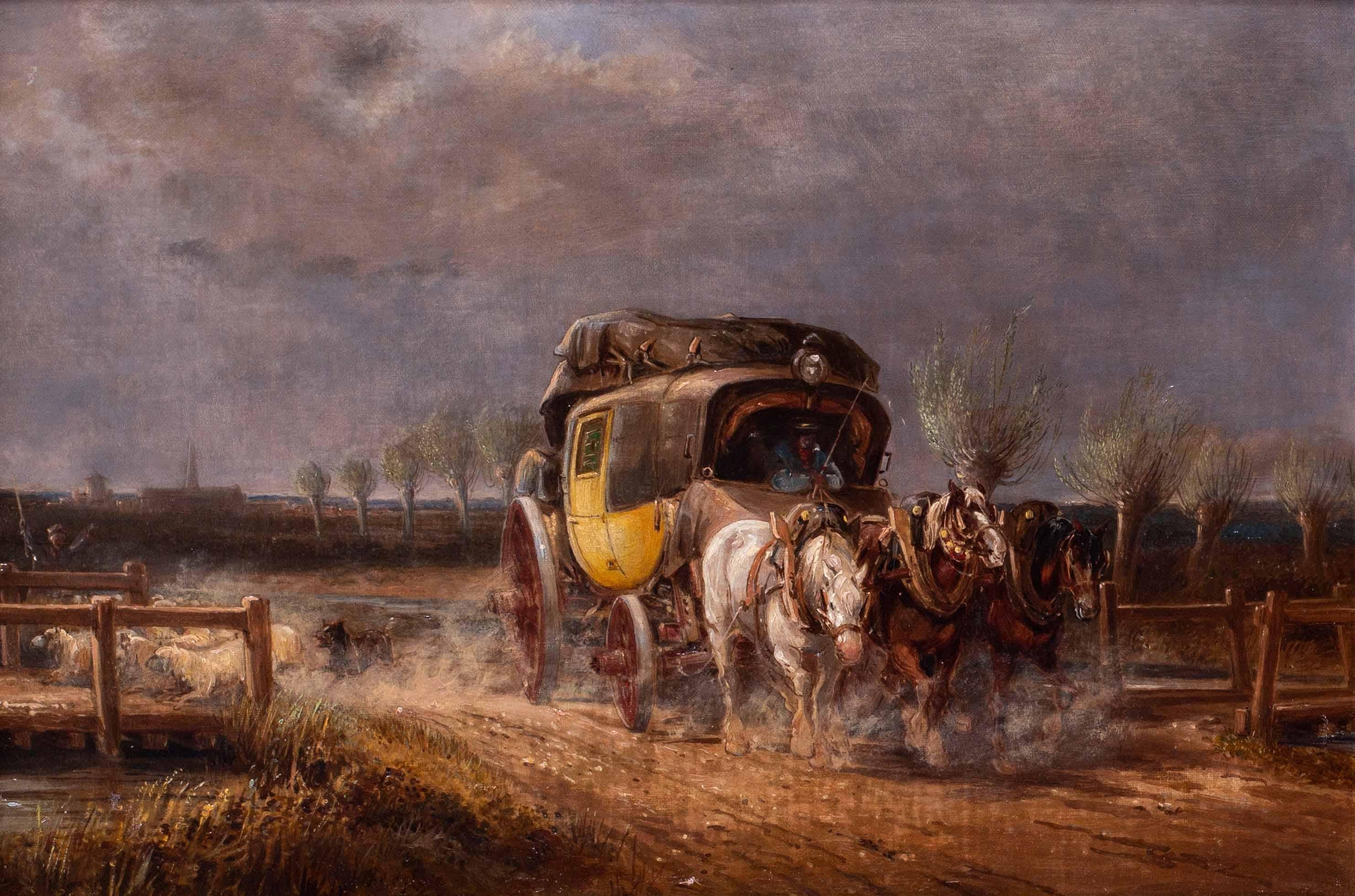 19th Century British oil painting of a mail coach and a shepherd - Painting by Charles Cooper Henderson 