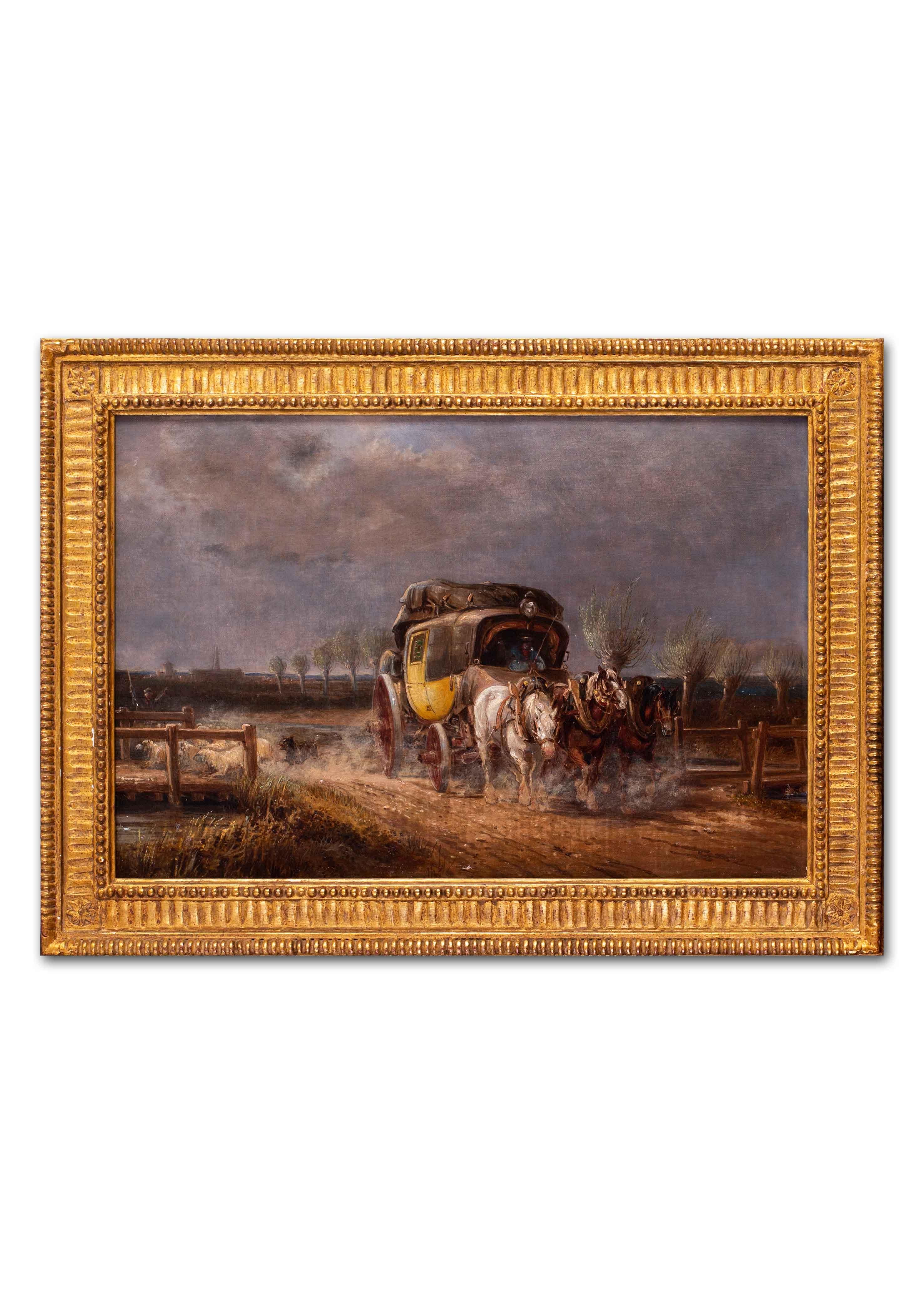 19th Century British oil painting of a mail coach and a shepherd - Brown Landscape Painting by Charles Cooper Henderson 