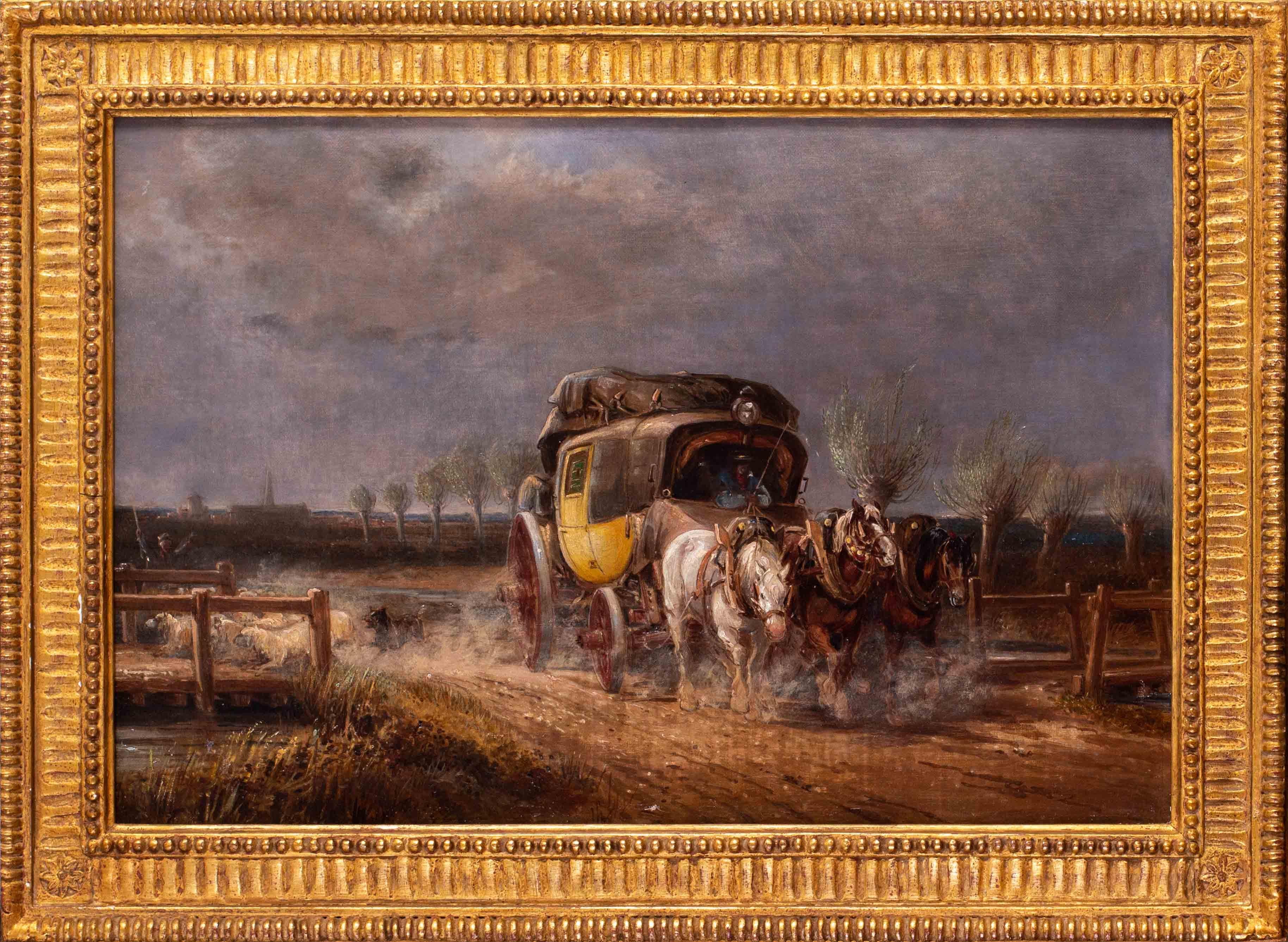 Charles Cooper Henderson  Landscape Painting - 19th Century British oil painting of a mail coach and a shepherd
