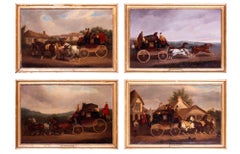 Set di 4 dipinti a olio del XIX secolo raffiguranti cavalli che trainano carrozze, di autore britannico