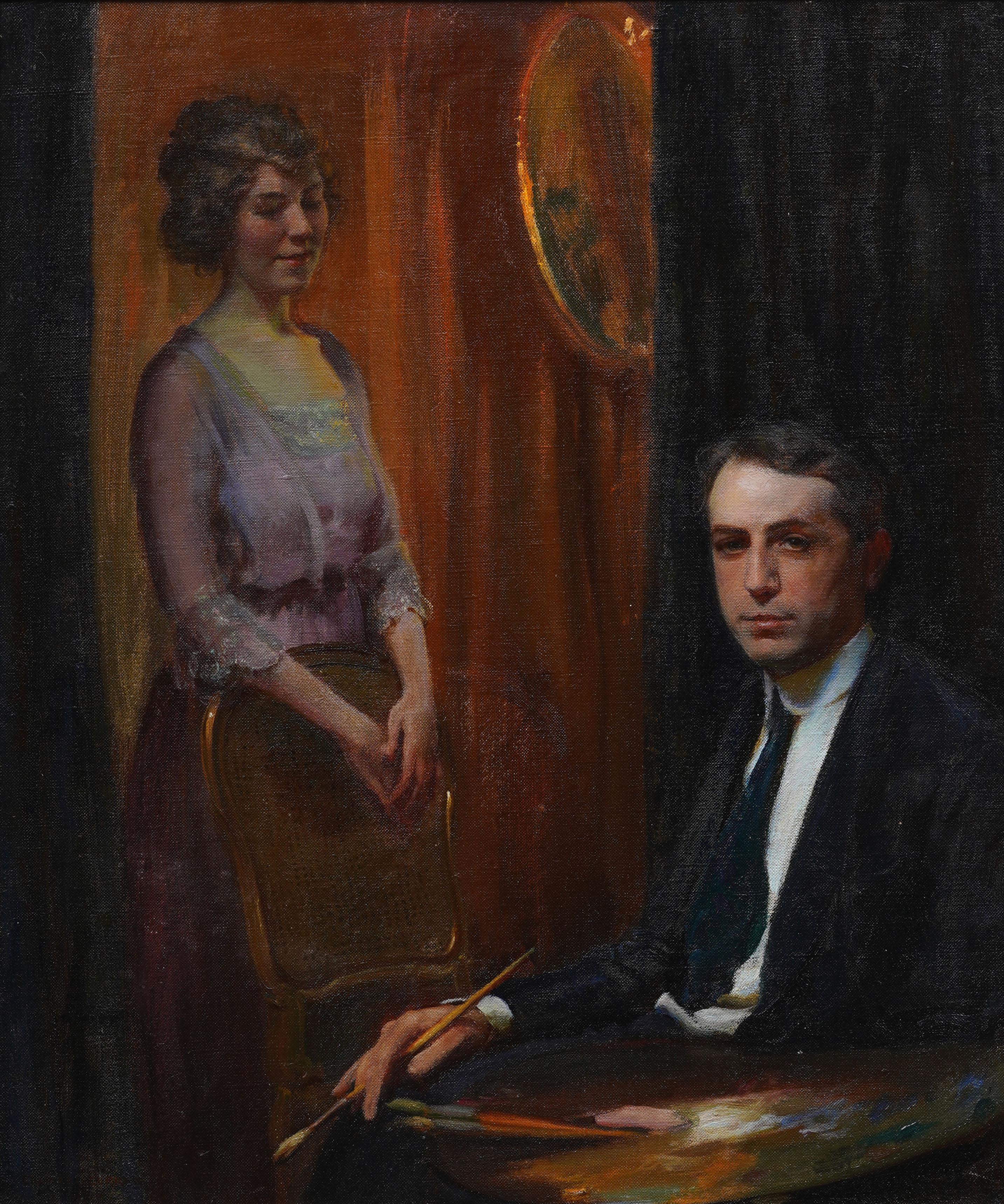 Antike amerikanische Realist Interieur Porträt signiert gerahmt Original Ölgemälde (Realismus), Painting, von Charles Courtney Curran