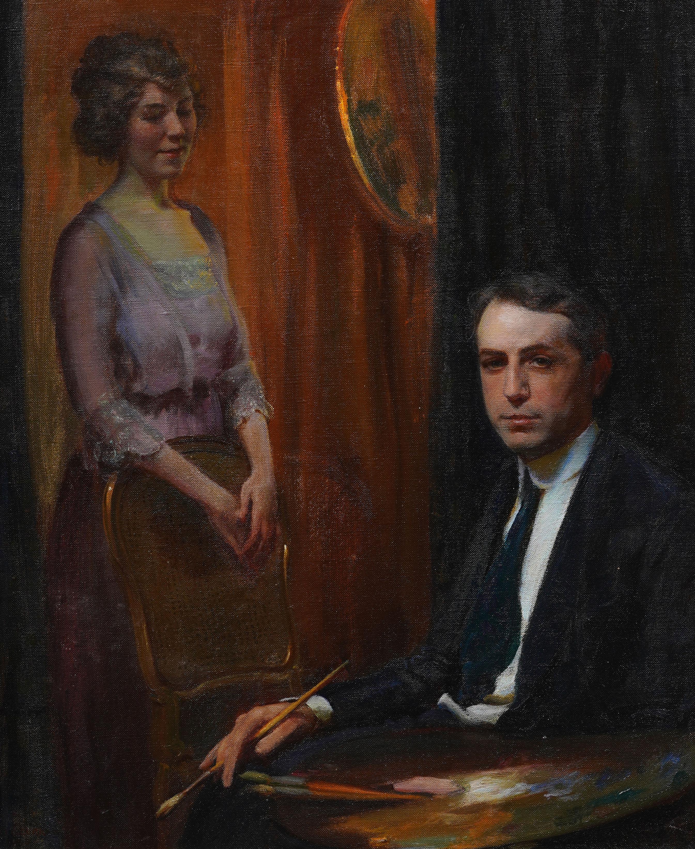 Antike amerikanische Realist Interieur Porträt signiert gerahmt Original Ölgemälde (Schwarz), Portrait Painting, von Charles Courtney Curran