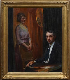 Antique American Realist Interior Portrait Signed Framed Original Oil Painting