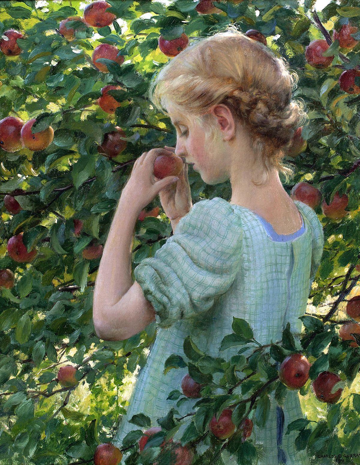figurative artwork of girl with apple, apple painting by American artist Charles Courtney Curran

CHARLES COURTNEY CURRAN (1861 - 1942)
Apple Perfume, 1911
Oil on canvas
22 x 18 inches
Signed and dated "CHARLES C. CURRAN·/1911" lower right
Titled,