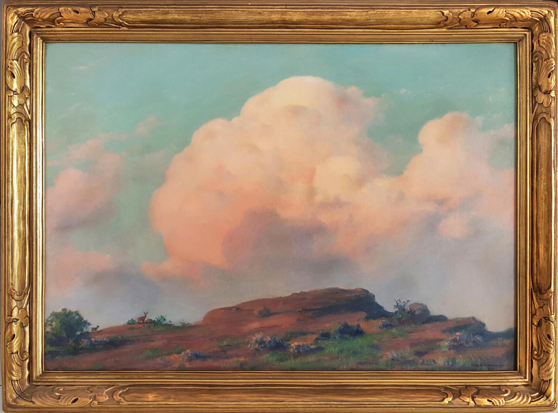 Evening on the Summit - Deer on a mountain top - Post-Impressionist Painting by Charles Courtney Curran