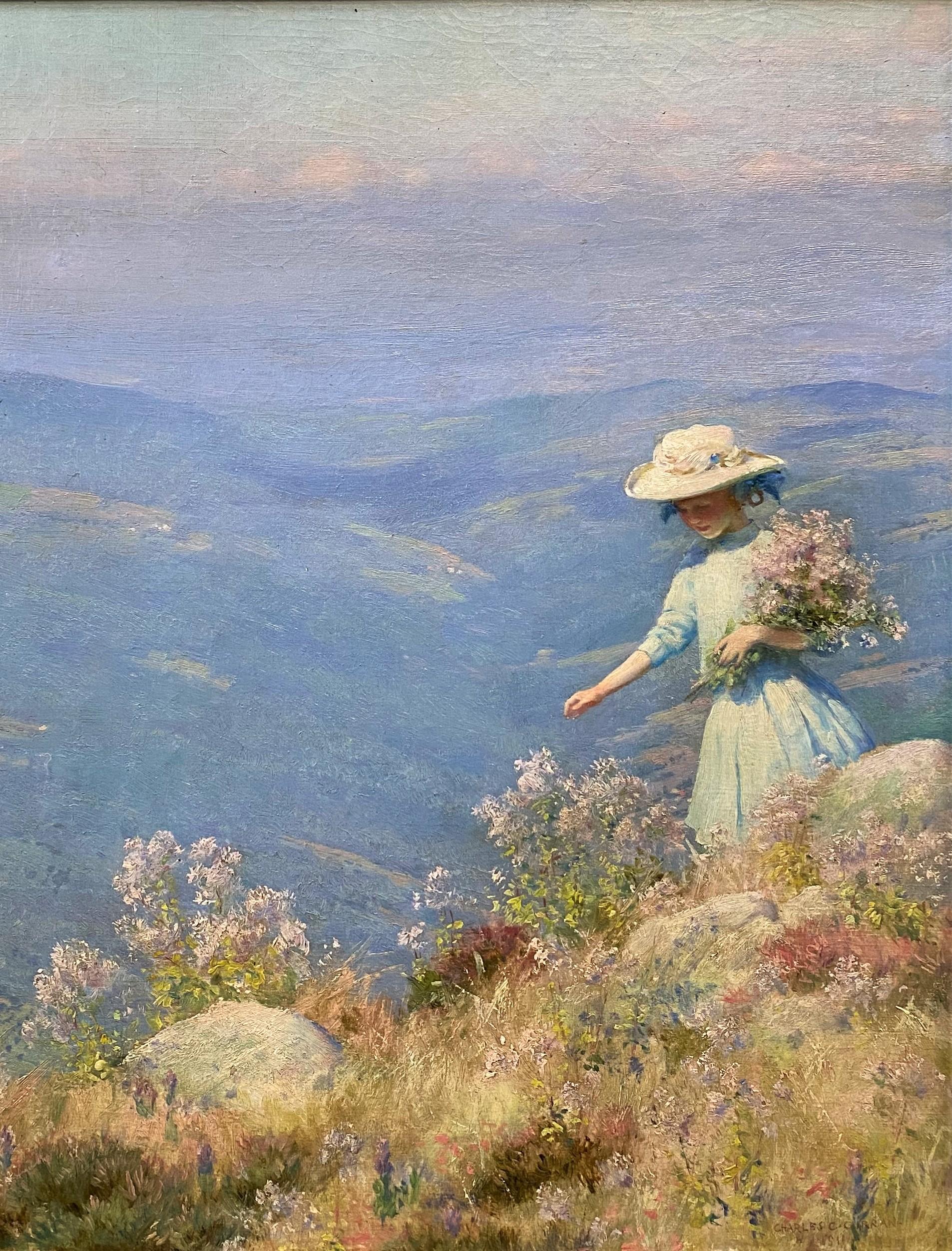 Lady On A Hillside Picking Flowers - Painting by Charles Courtney Curran