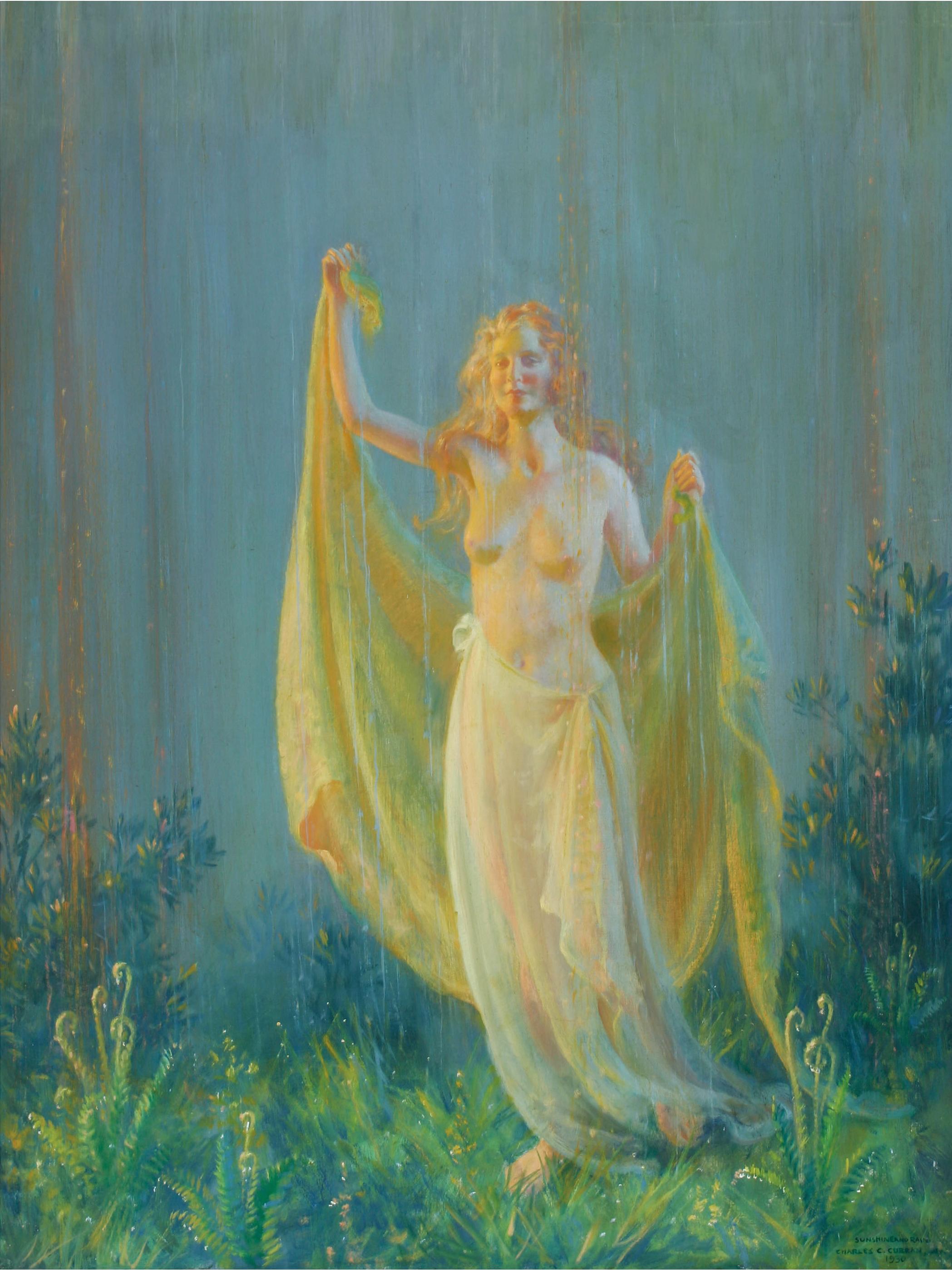 Sonnenschein und Regen, Halbakt Frauen in fröhlichem Moment (Post-Impressionismus), Painting, von Charles Courtney Curran
