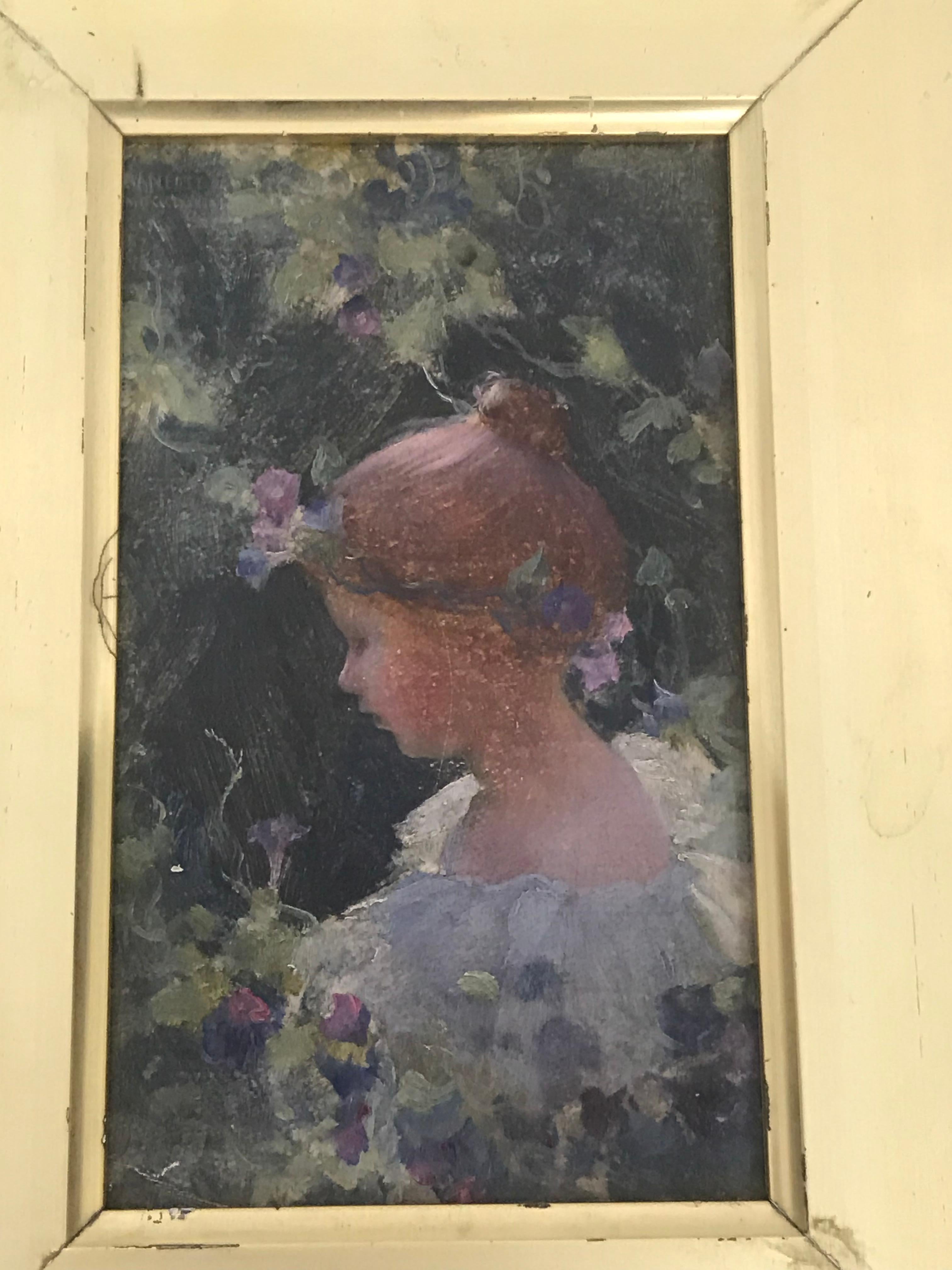 Original oil on artist's board by Charles Courtney Curran (1861-1942). Art Nouveau portrait of his niece Nannette in the garden with up to and flower garland in her hair.

Painting appears to be unsigned. The name Nanette is visible in the upper