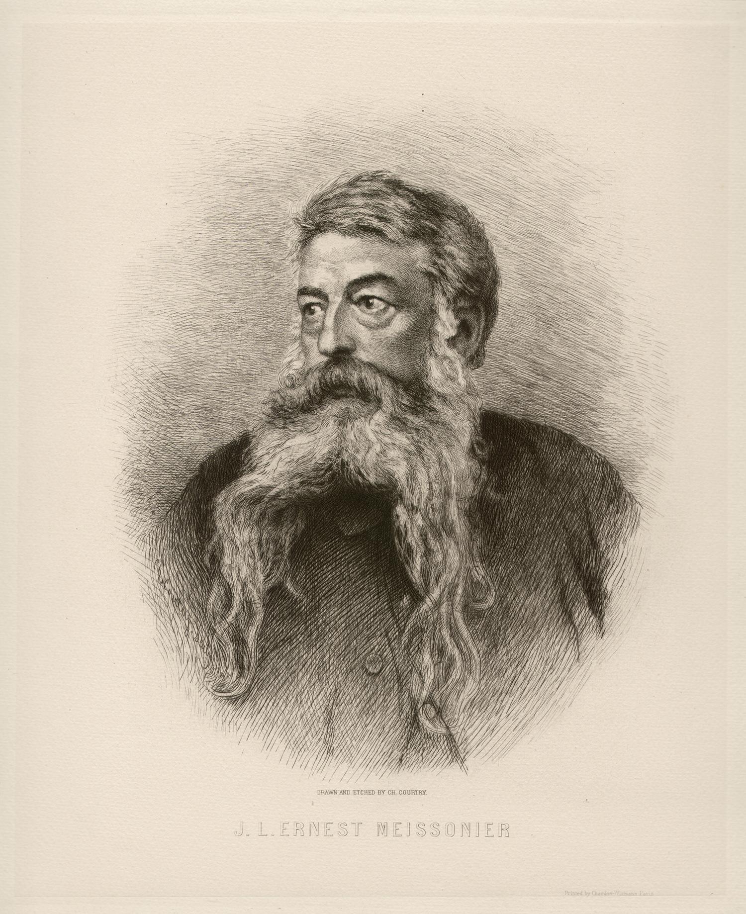 Jean-Louis Ernest Meissonier, Künstler, Porträt-Radierung von Charles Courtry, 1883