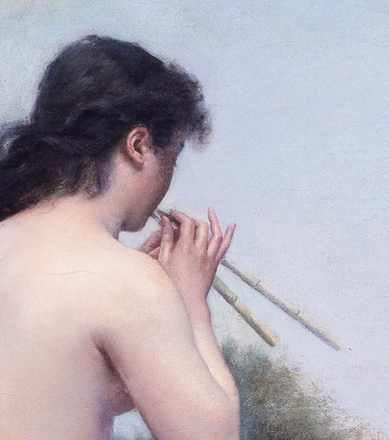 19th Century French oil painting of a nymph playing pipes, a female nude - Painting by Charles Cres