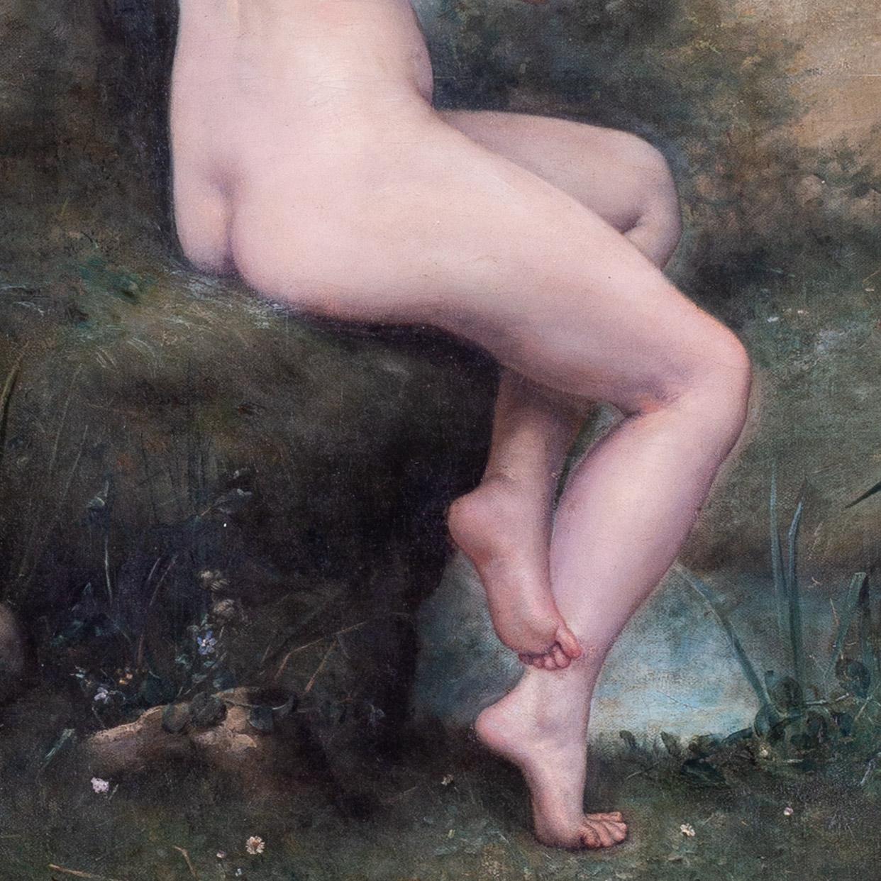 Peinture à l'huile française du 19e siècle représentant une nymphe jouant de la flûte, une femme nue - Académique Painting par Charles Cres
