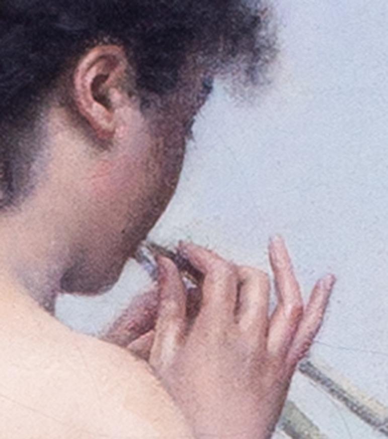 Peinture à l'huile française du 19e siècle représentant une nymphe jouant de la flûte, une femme nue - Marron Nude Painting par Charles Cres