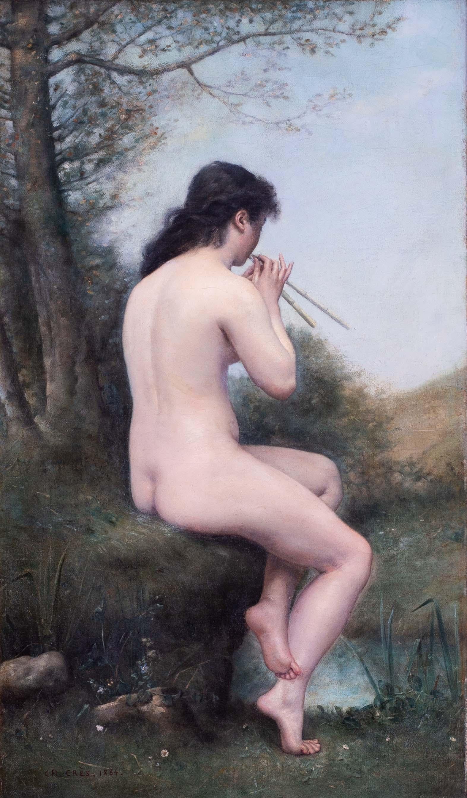 19th Century French oil painting of a nymph playing pipes, a female nude For Sale 1