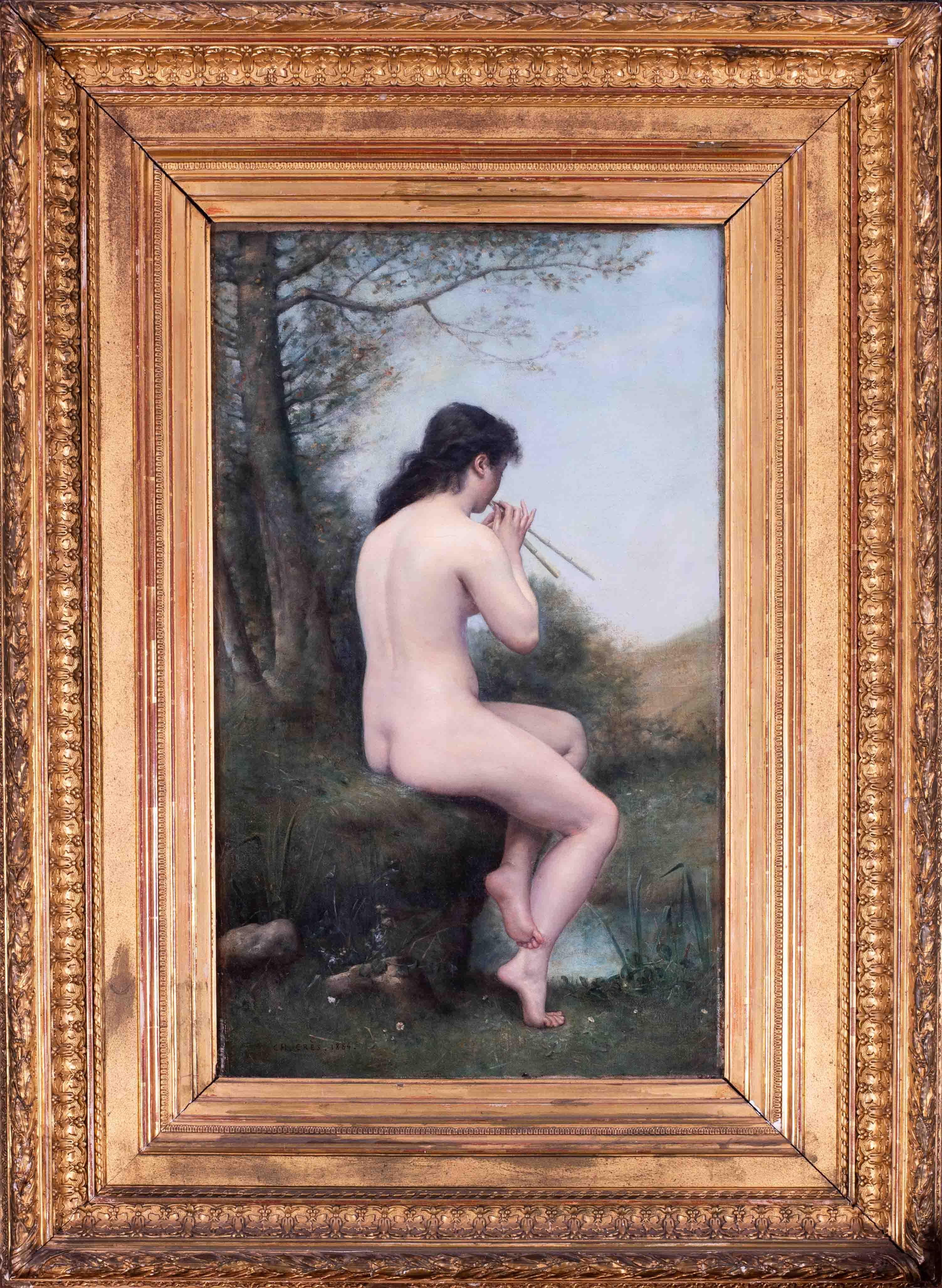 Charles Cres Nude Painting – Französisches Ölgemälde einer Nymphe, die Pfeifen spielt, ein weiblicher Akt, 19. Jahrhundert