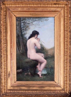 19th Century French oil painting of a nymph playing pipes, a female nude