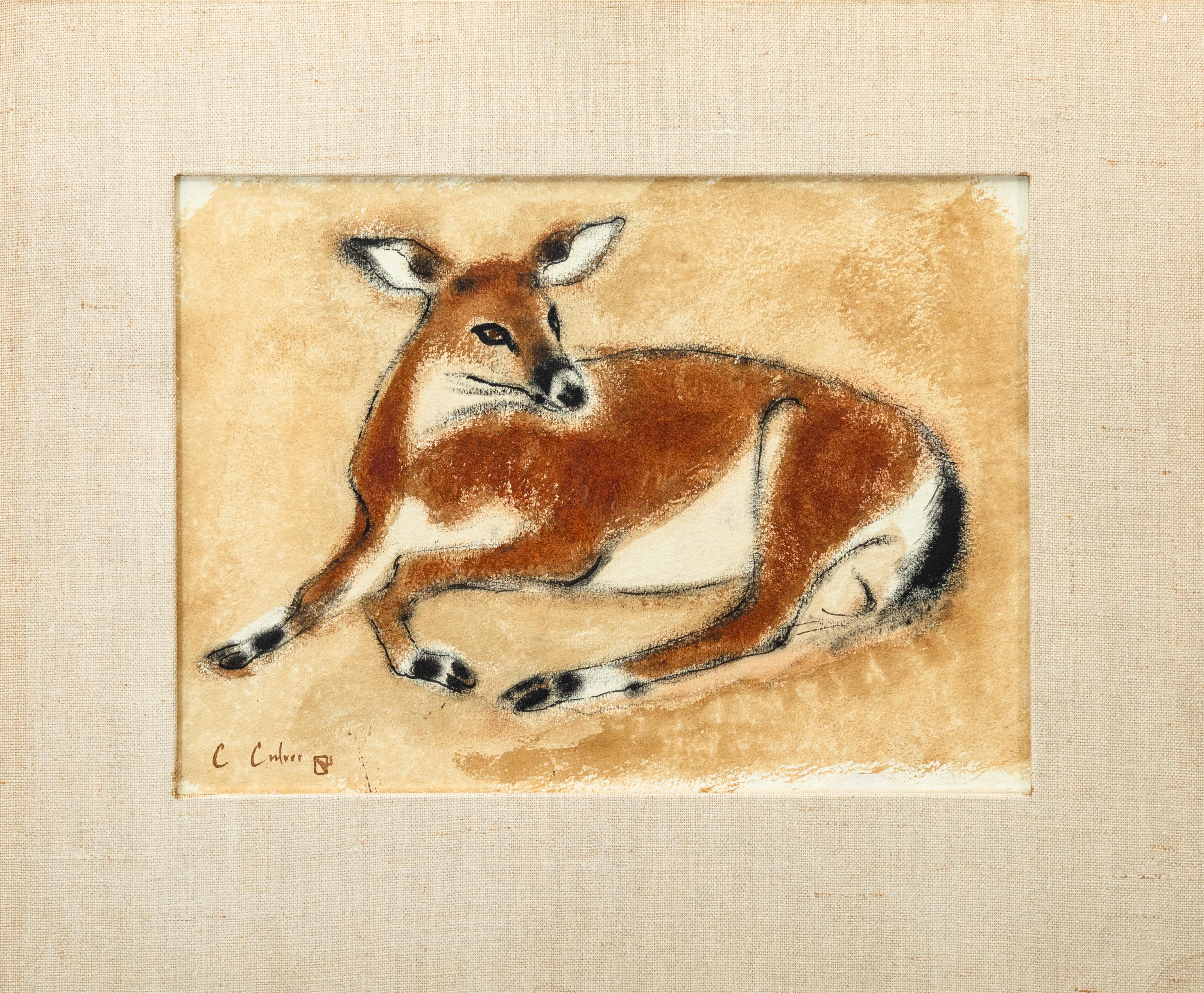 Una moderna acuarela al pastel sobre papel del artista de Detroit Charles Culver. Firmado a mano abajo a la izquierda. Una composición soñadora y dulce que representa a un pequeño ciervo descansando. Según el artista: 