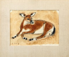 Charles Culver Signed Resting Deer Modern Pastel Watercolor Painting 1950s