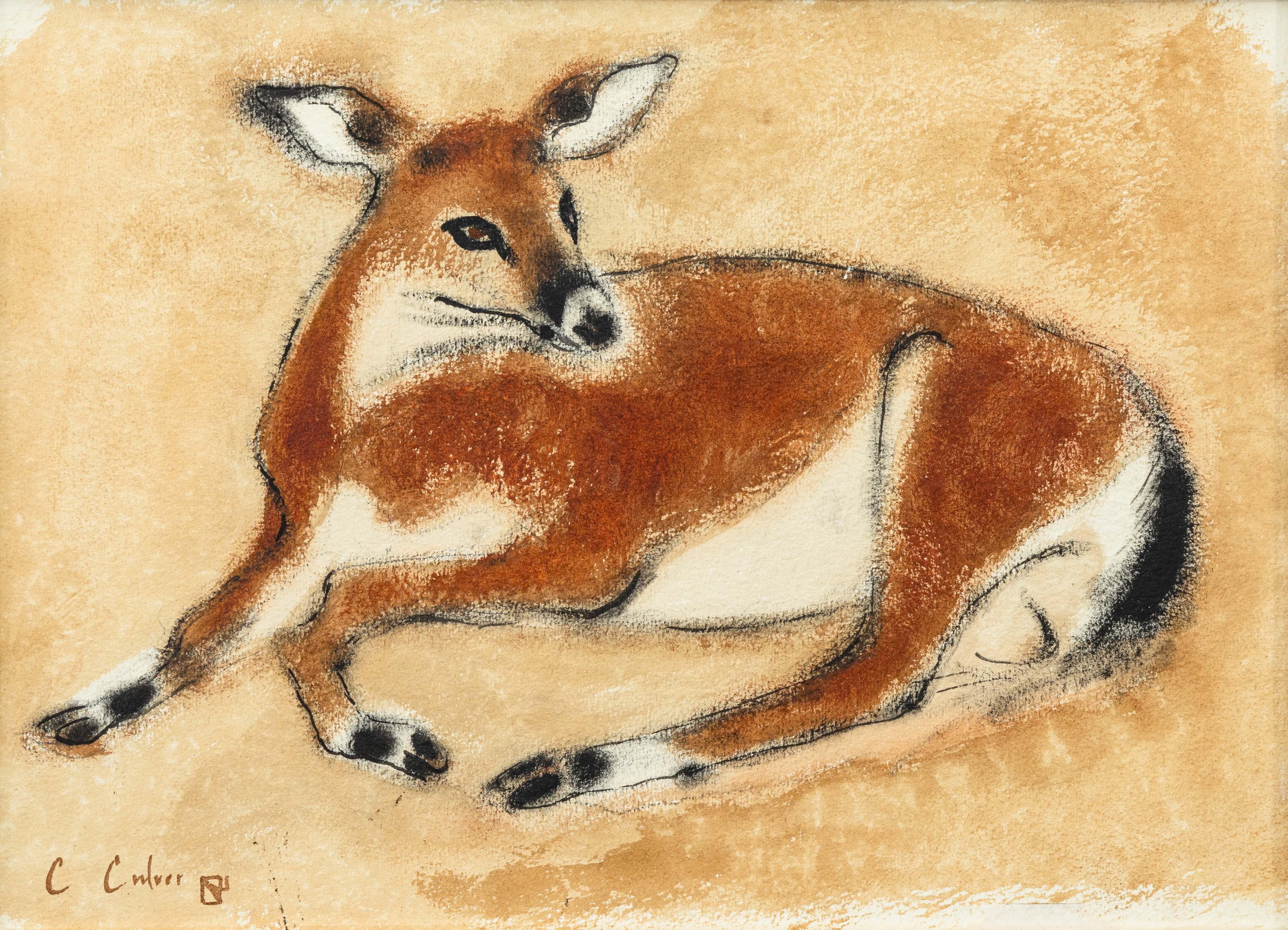Charles Culver Firmado Ciervo descansando Pintura moderna en acuarela al pastel Años 50 Estadounidense en venta