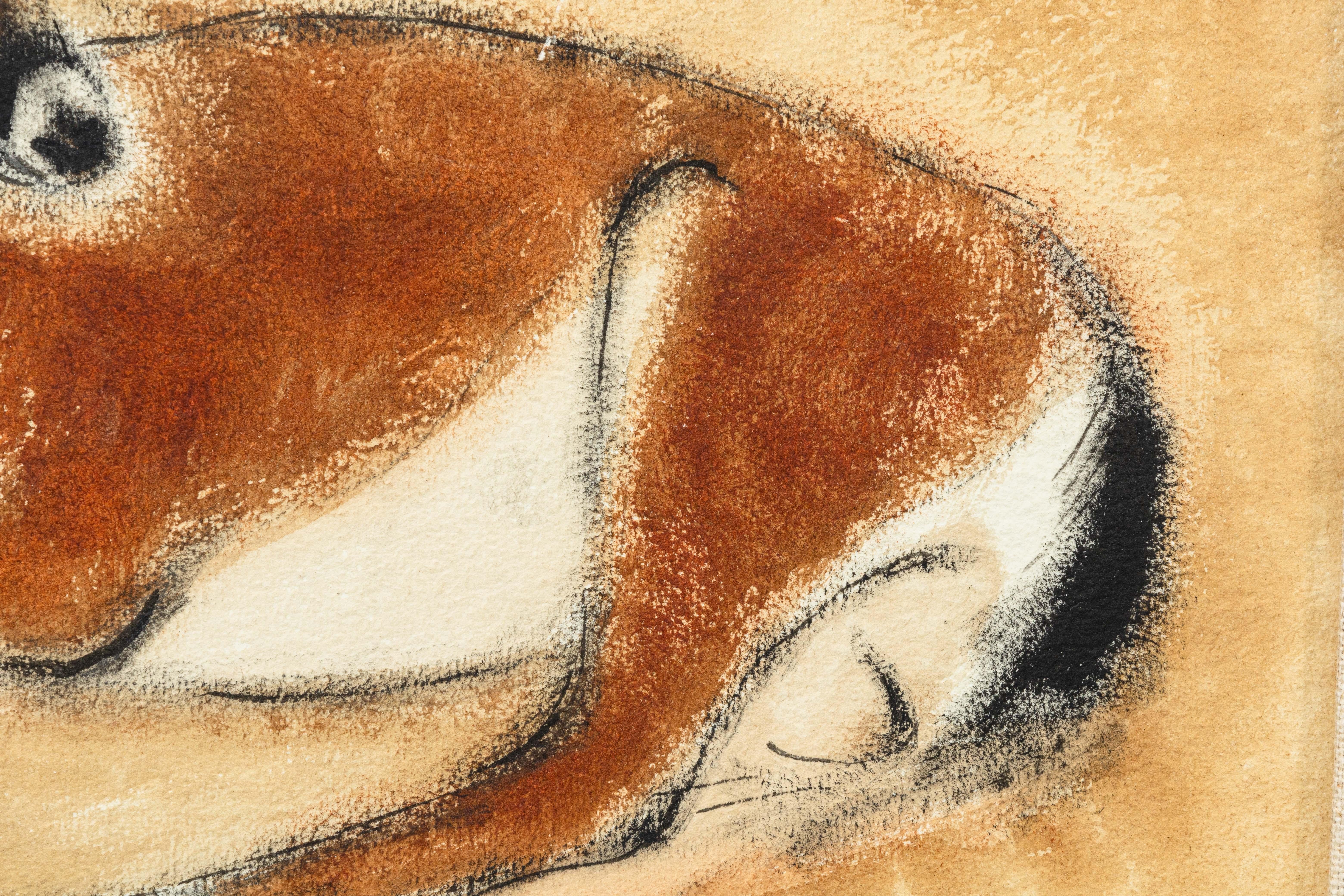 Charles Culver Firmado Ciervo descansando Pintura moderna en acuarela al pastel Años 50 siglo XX en venta