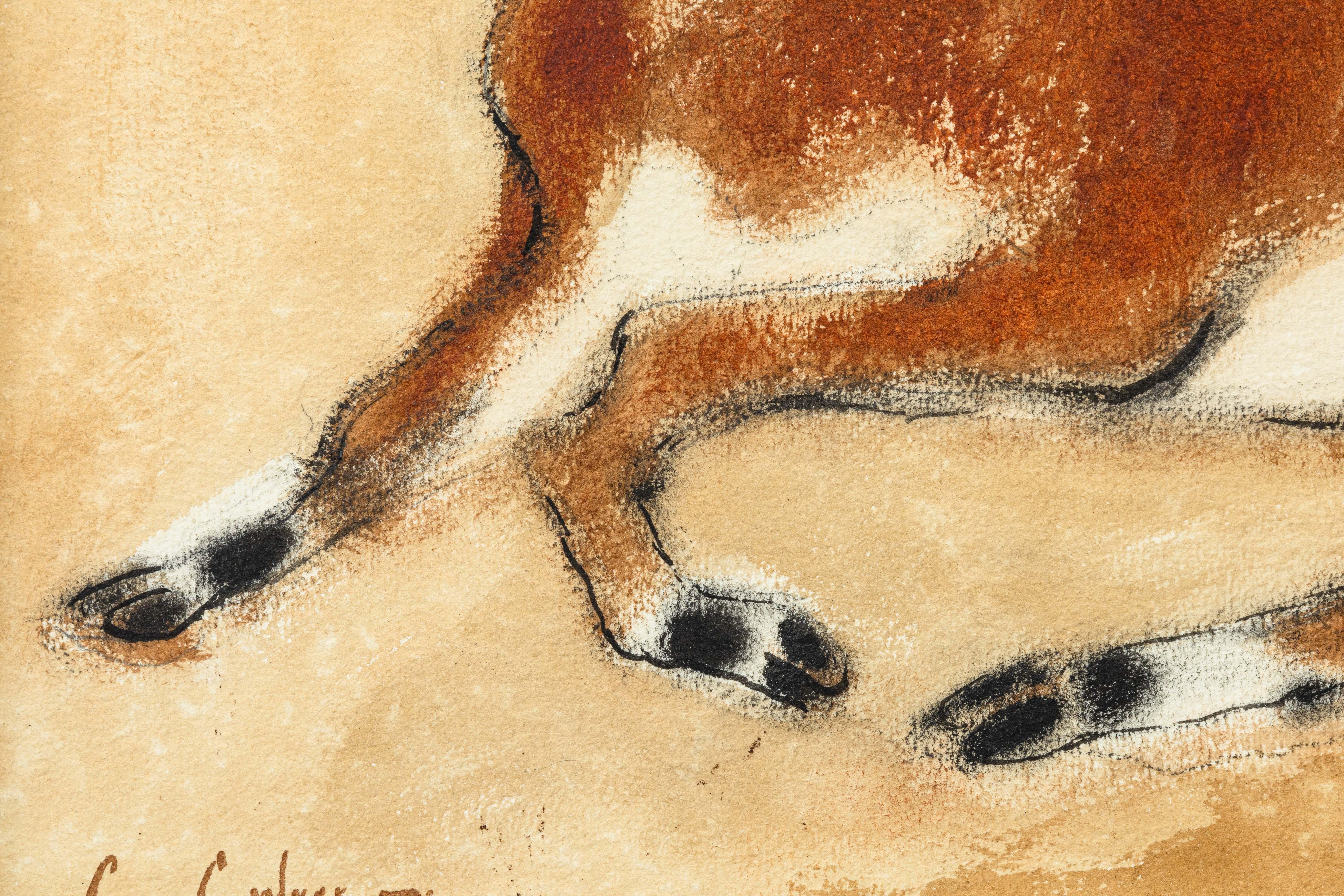 Charles Culver Firmado Ciervo descansando Pintura moderna en acuarela al pastel Años 50 Papel en venta