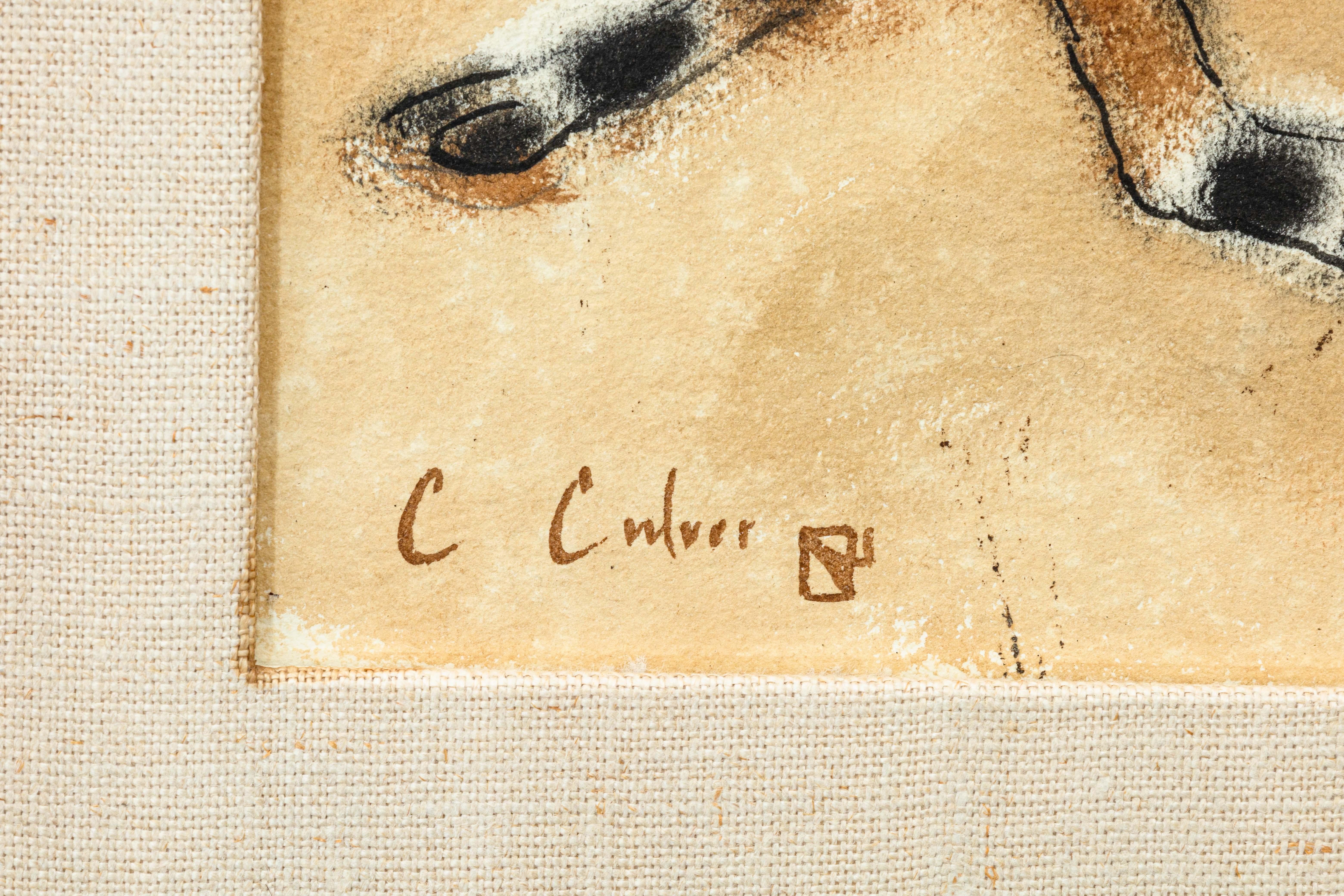 Charles Culver Firmado Ciervo descansando Pintura moderna en acuarela al pastel Años 50 en venta 1