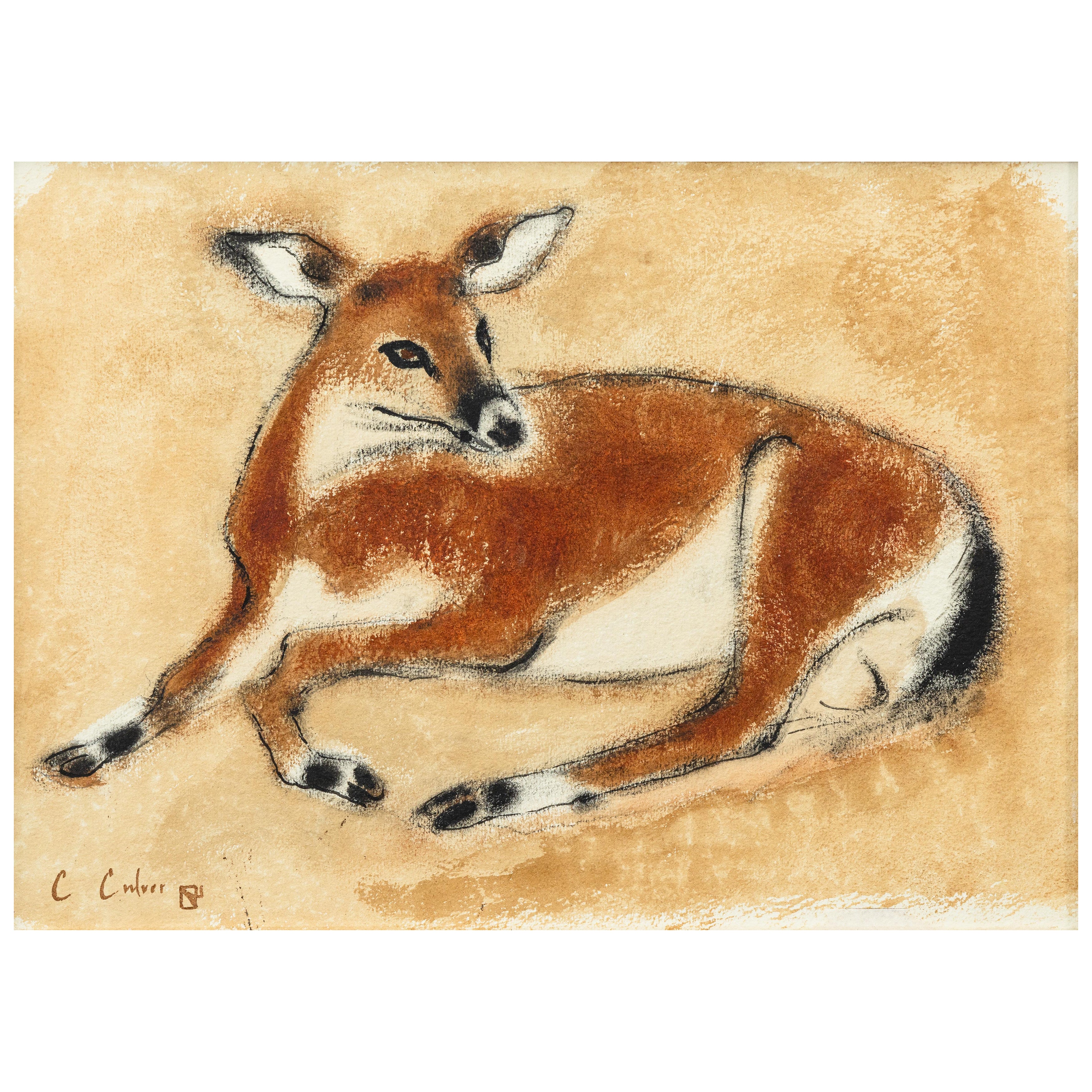 Charles Culver Signé Cerf au repos Peinture moderne au pastel et à l'aquarelle 1950s