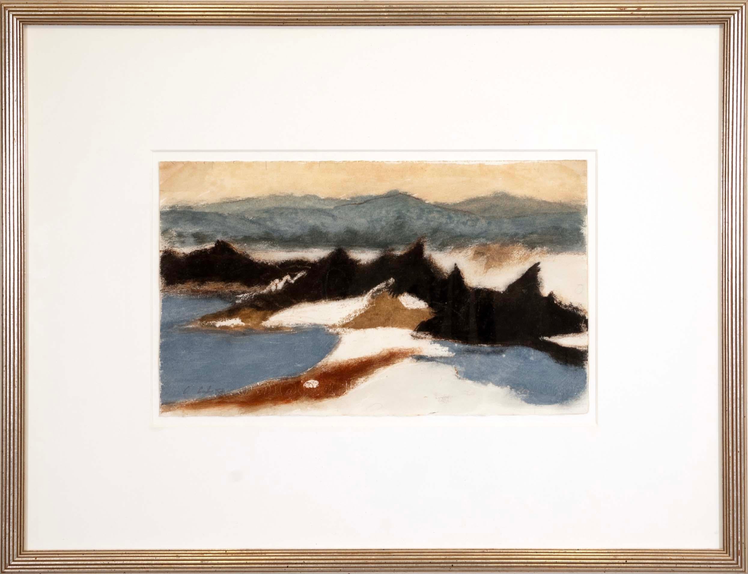 Un moderno disegno a pastello su carta dell'artista di Detroit Charles Culver. Firmato a mano a matita in basso a destra. Un paesaggio sognante di montagne sul mare. Secondo l'artista, 